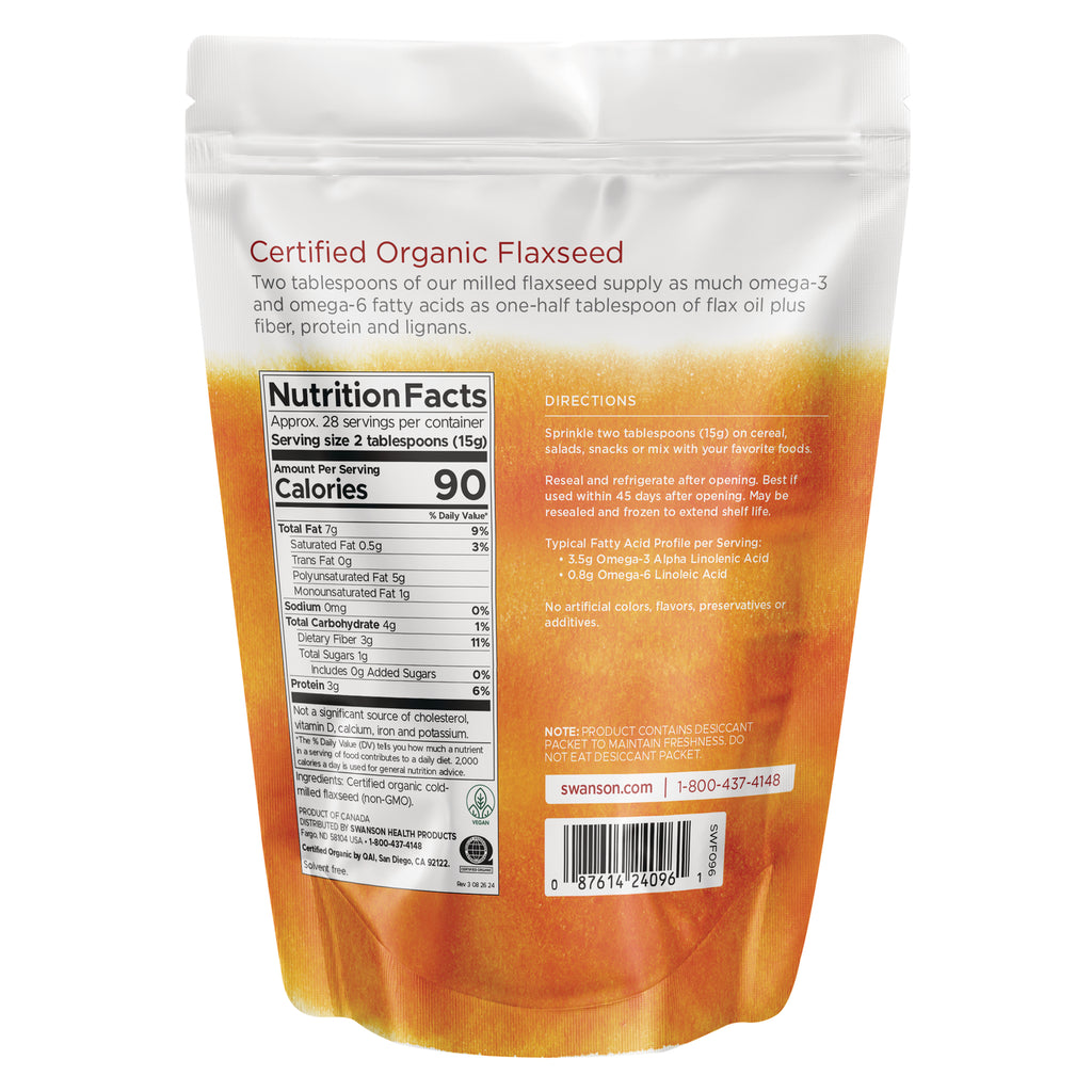 SWF096 | Back of Certified Organic Flaxseed pouch showing Nutrition Facts and directions - Thumbnail