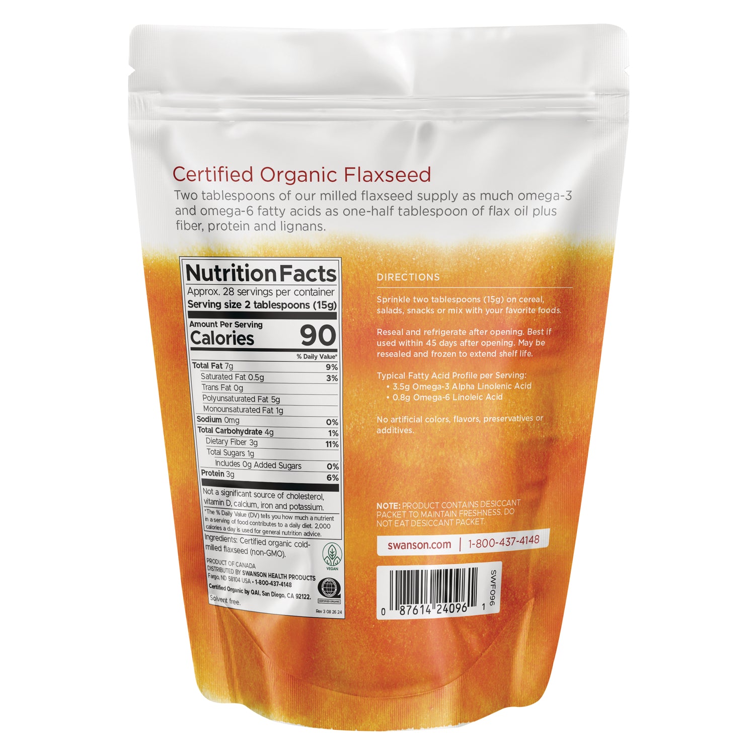 SWF096 | Back of Certified Organic Flaxseed pouch showing Nutrition Facts and directions