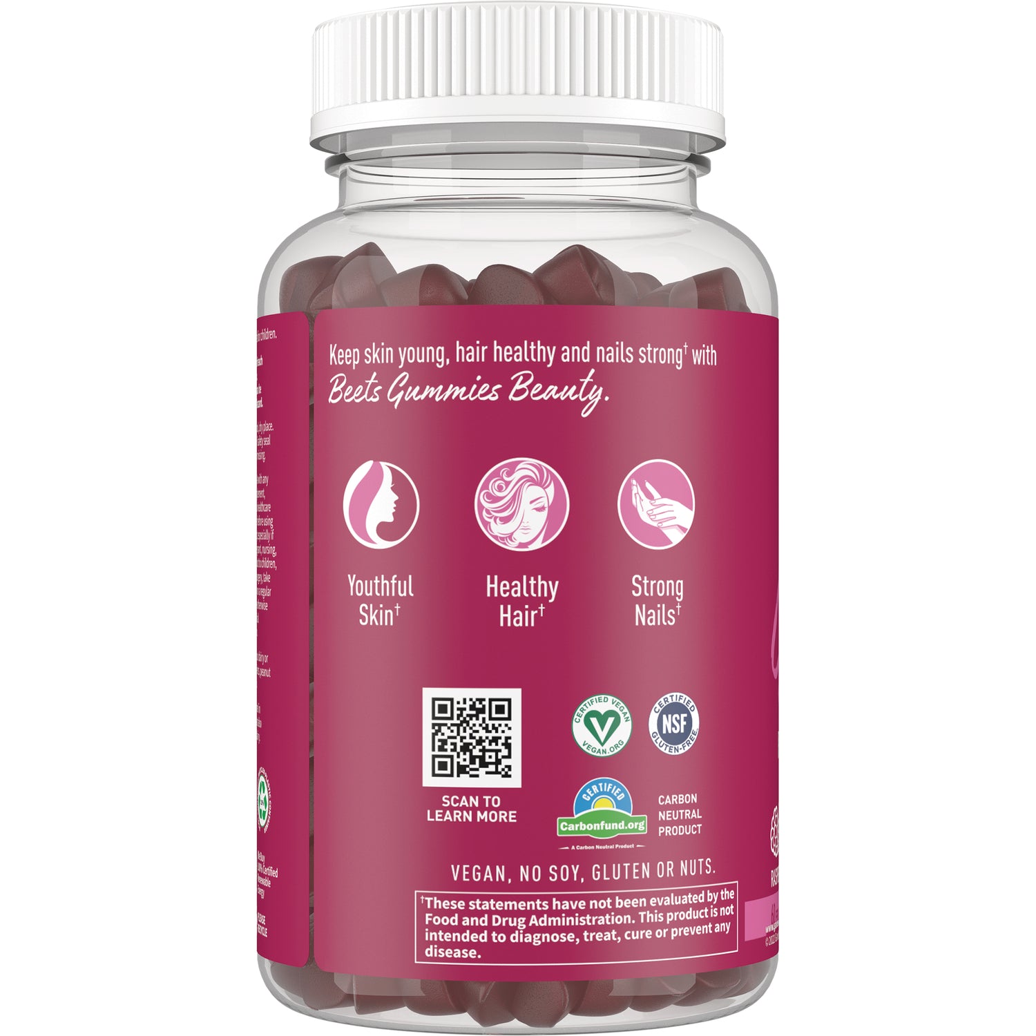 GLF348 | back label of gummy bottle showing benefits icons Youthful Skin, Healthy Hair, Strong Nails, QR code and certifications
