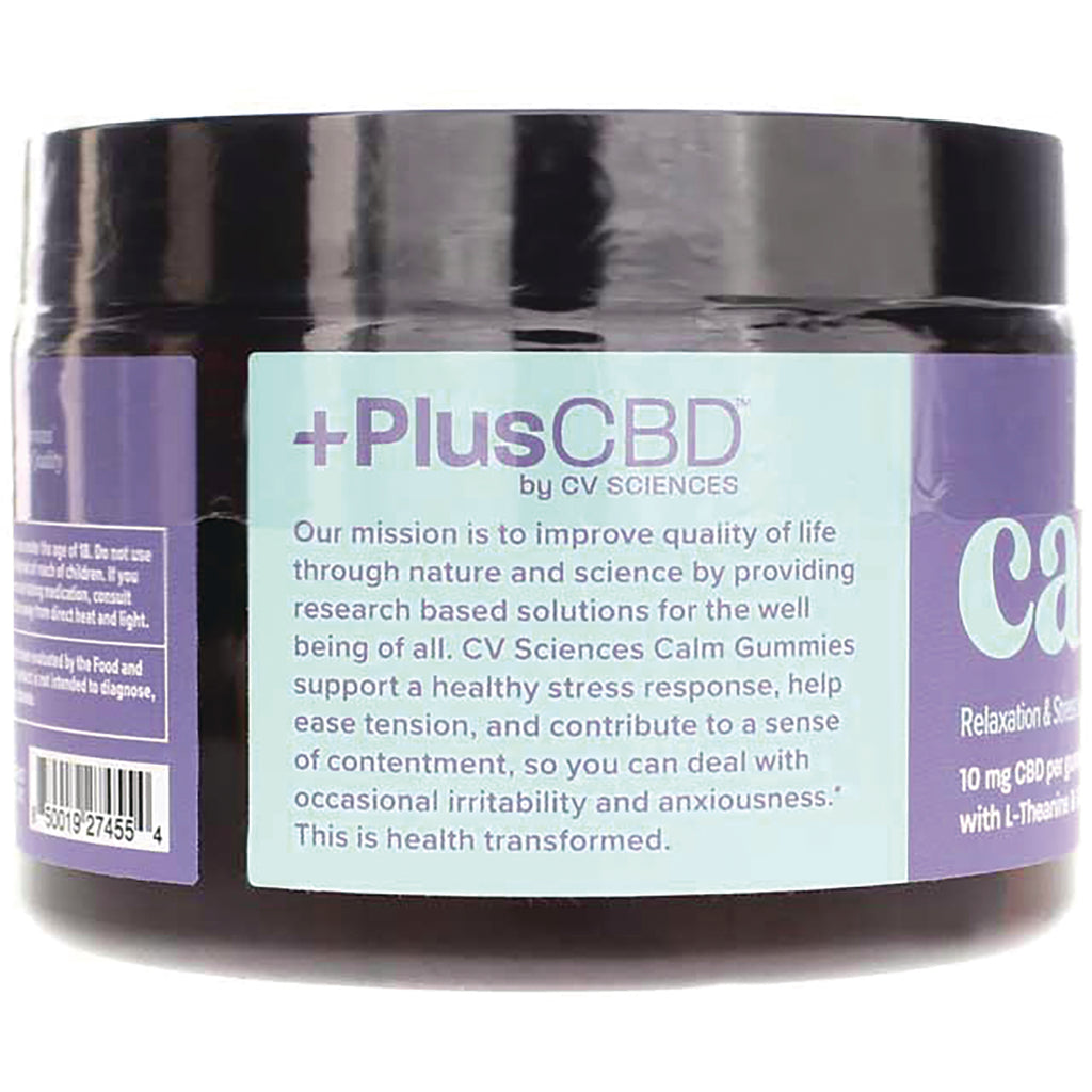 CV043 | PlusCBD by CV Sciences label panel describing Calm Gummies mission, benefits, and product information - Thumbnail