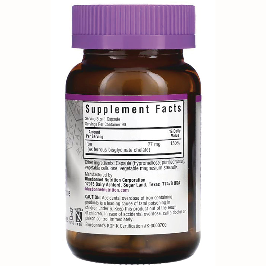 BLU079 | Back of brown supplement bottle showing Supplement Facts panel listing Iron 27 mg and caution text - Thumbnail