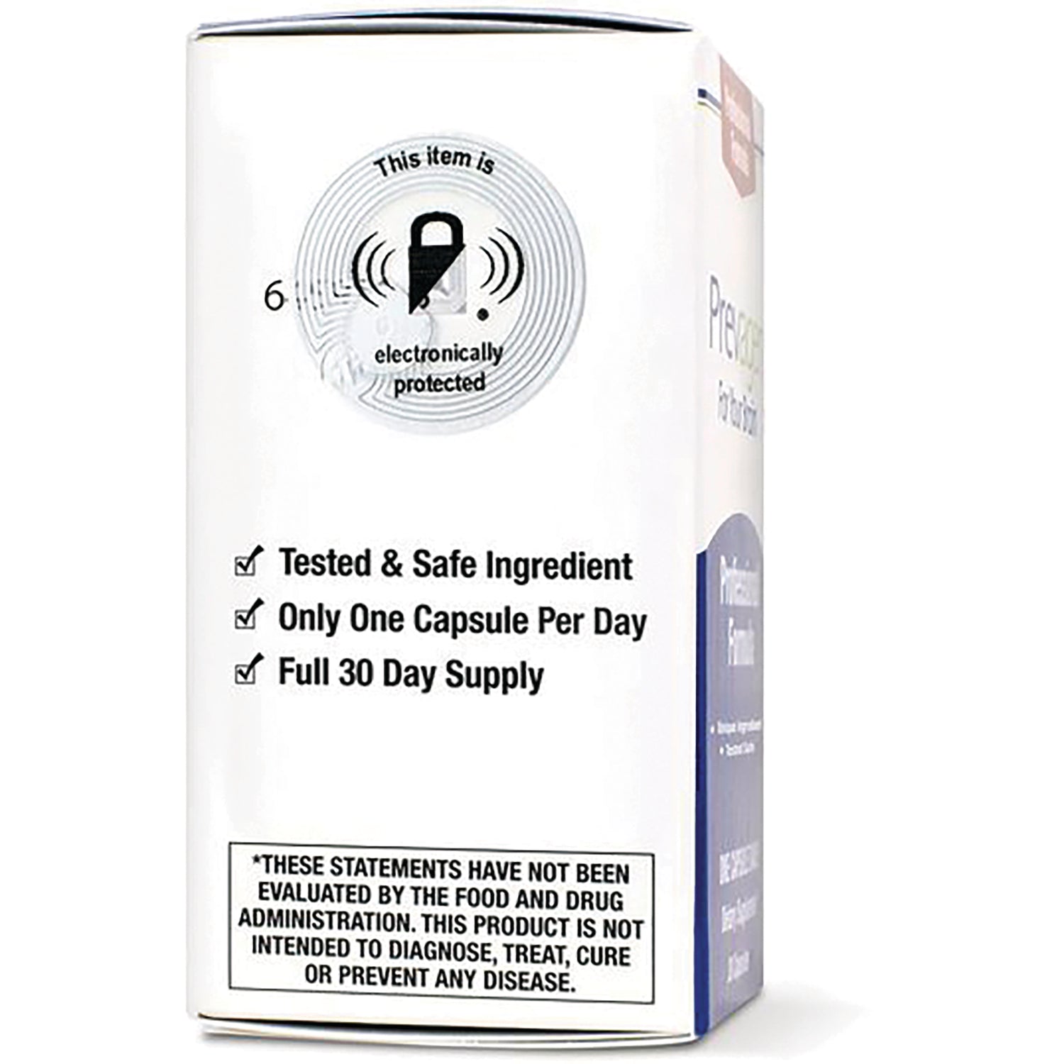 QB008 | product box infographic with electronic protection icon and checklist: Tested & Safe Ingredient, Only One Capsule Per Day, Full 30 Day Supply, FDA disclaimer