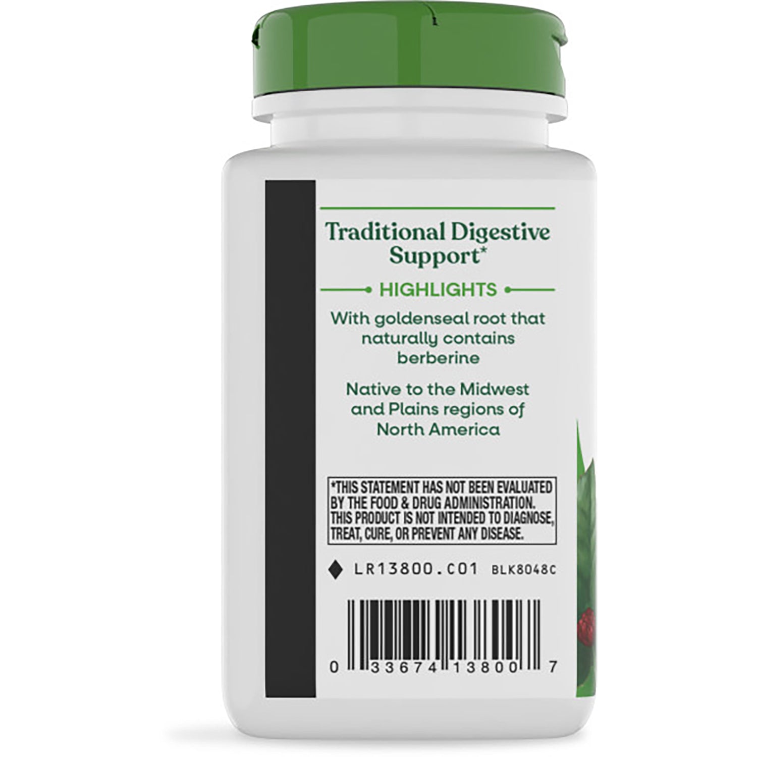 NW147 | Back of white supplement bottle with green cap showing Traditional Digestive Support label, barcode, and disclaimer