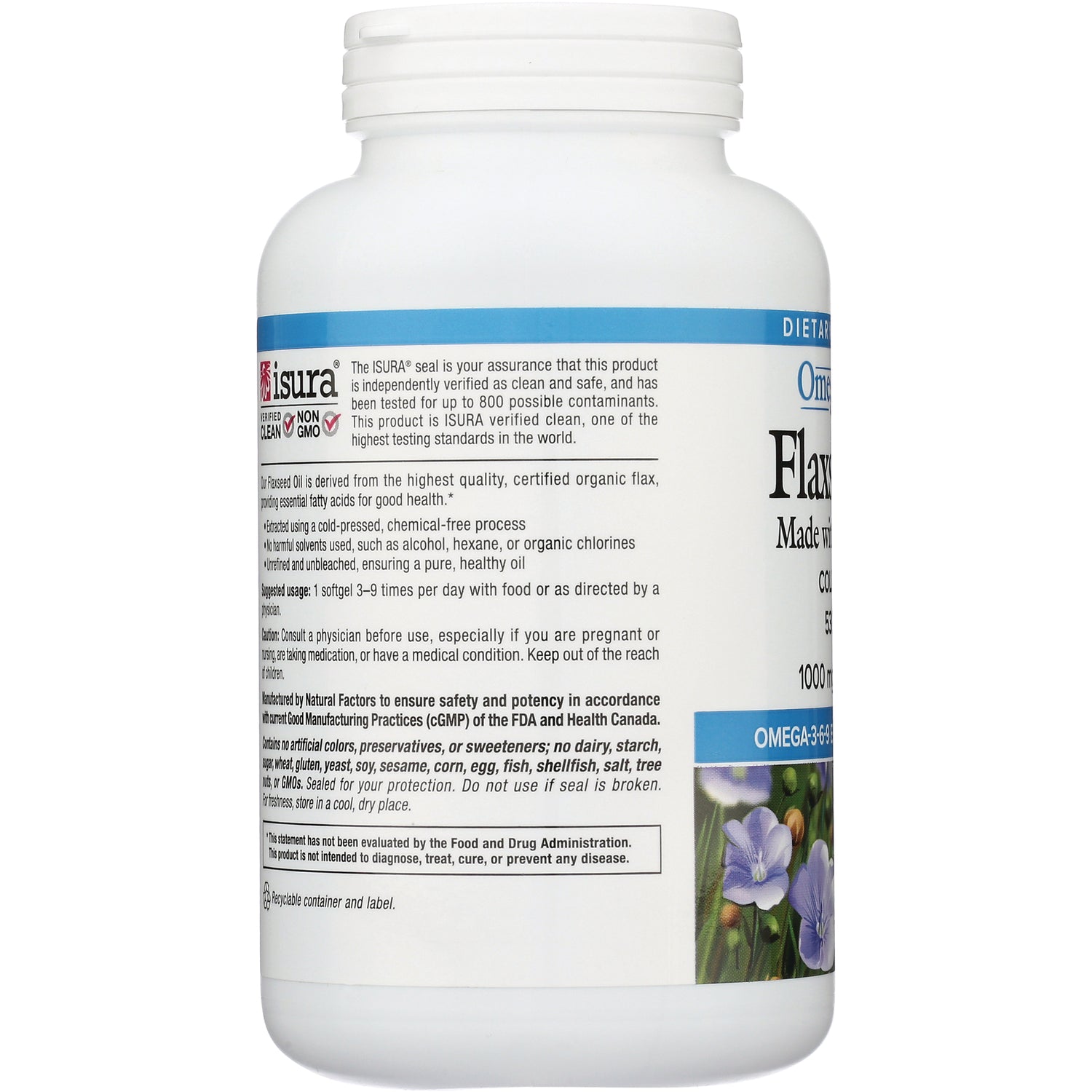 NFC156 | back label with product information, ingredient and certification text and flax flowers image