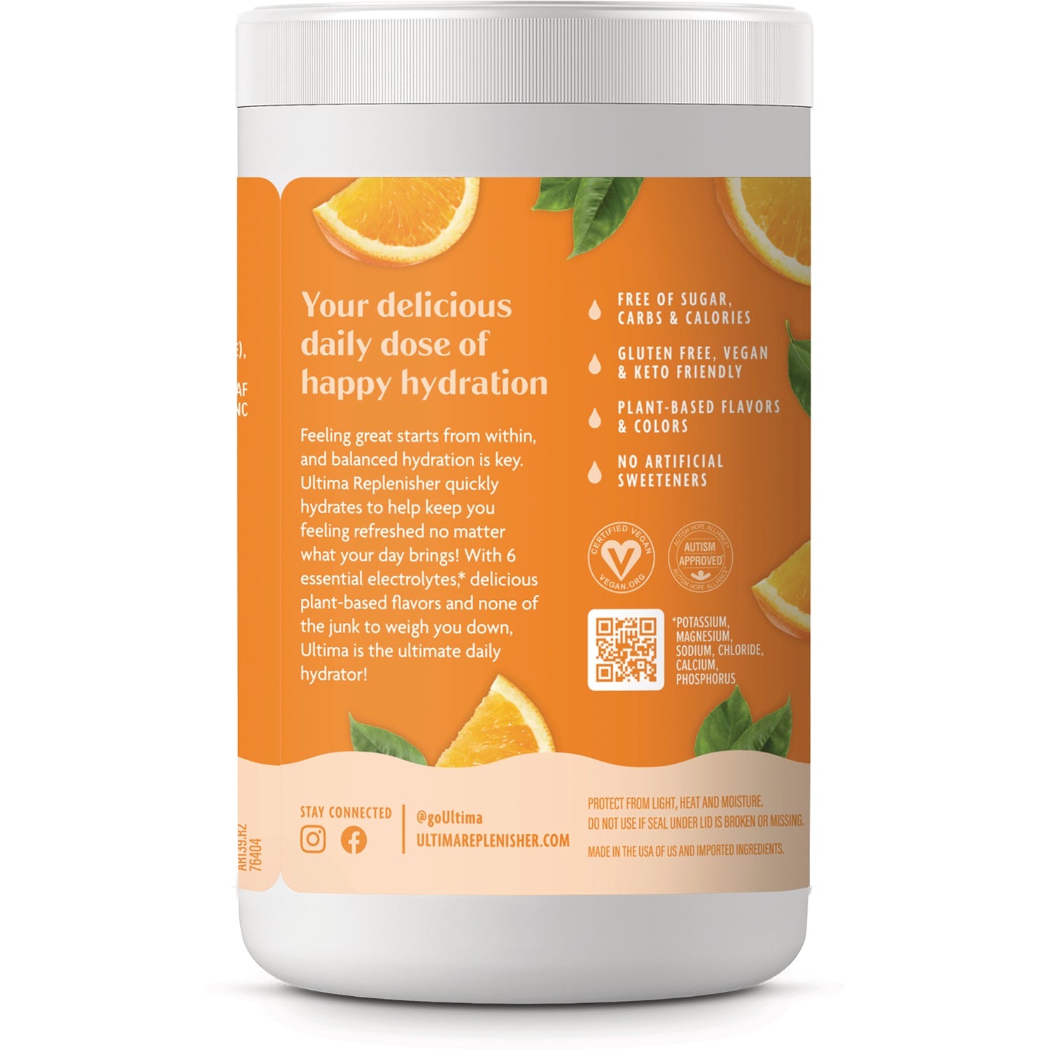 UHP029 | Back label of Ultima Replenisher with claims: zero sugar, carbs & calories; gluten free; vegan; no artificial sweeteners