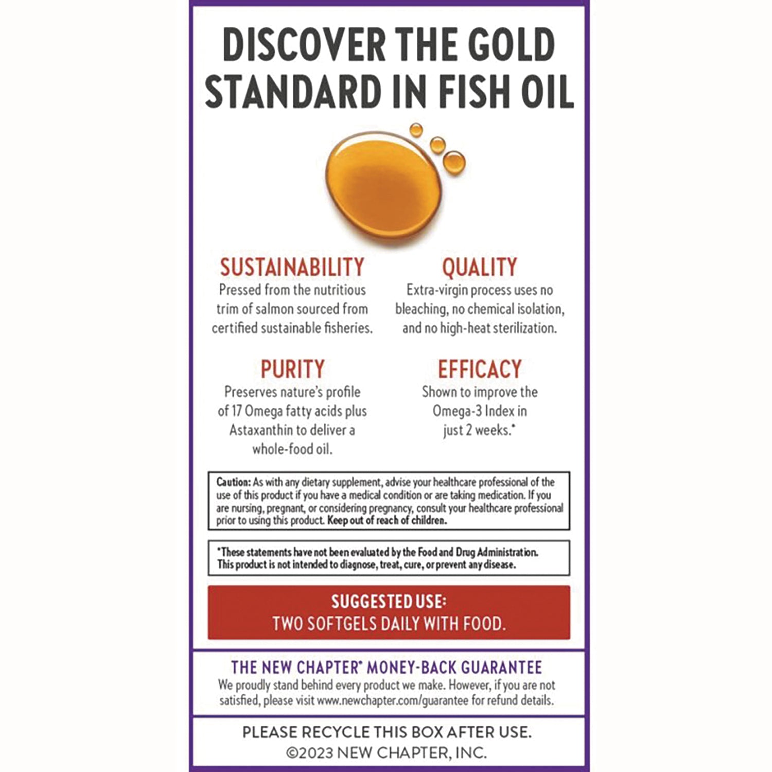 NWC110 | product infographic stating sustainability, quality, purity, efficacy and suggested use two softgels daily