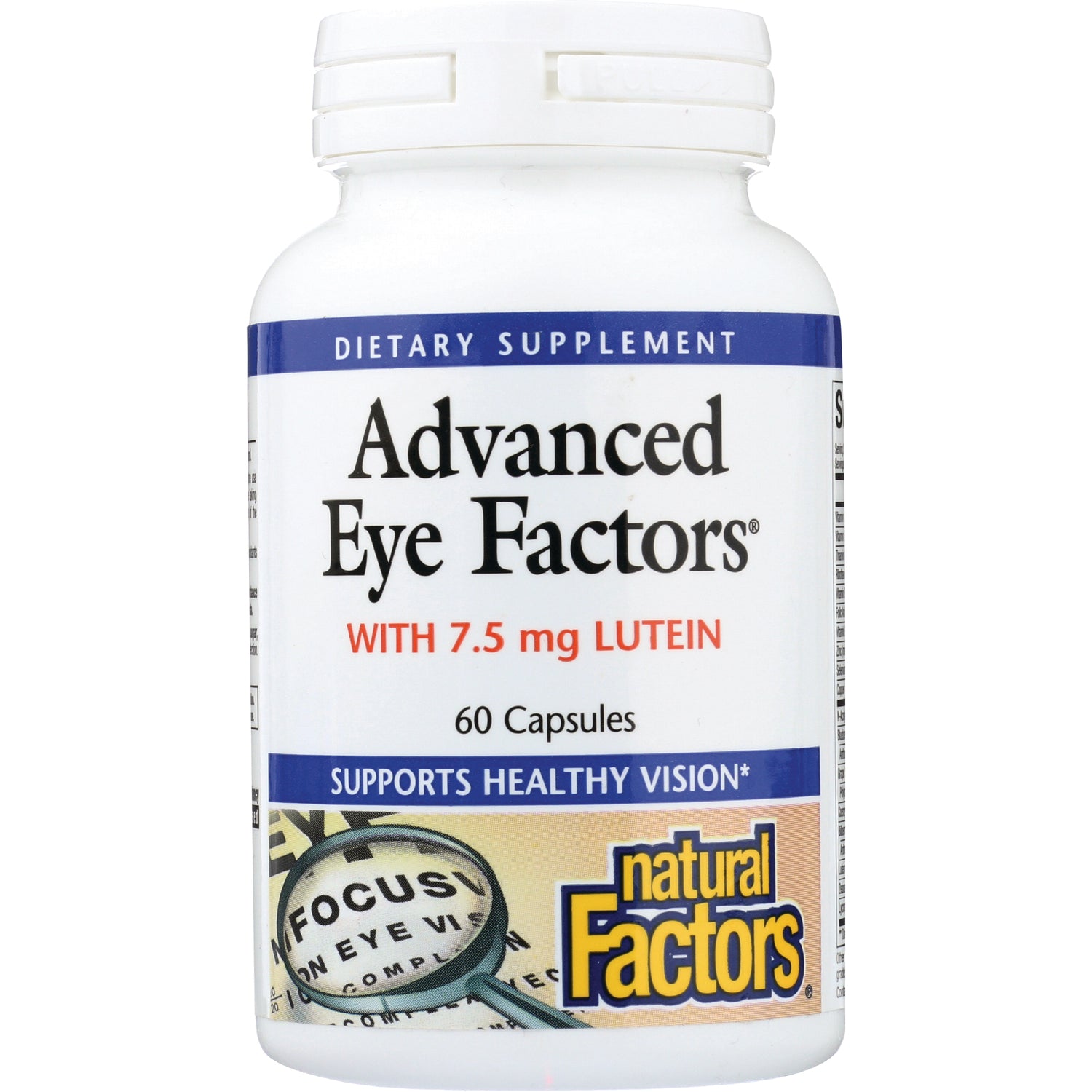 NFC150 | Front-facing white bottle labeled Advanced Eye Factors with 7.5 mg LUTEIN, 60 Capsules, Natural Factors logo