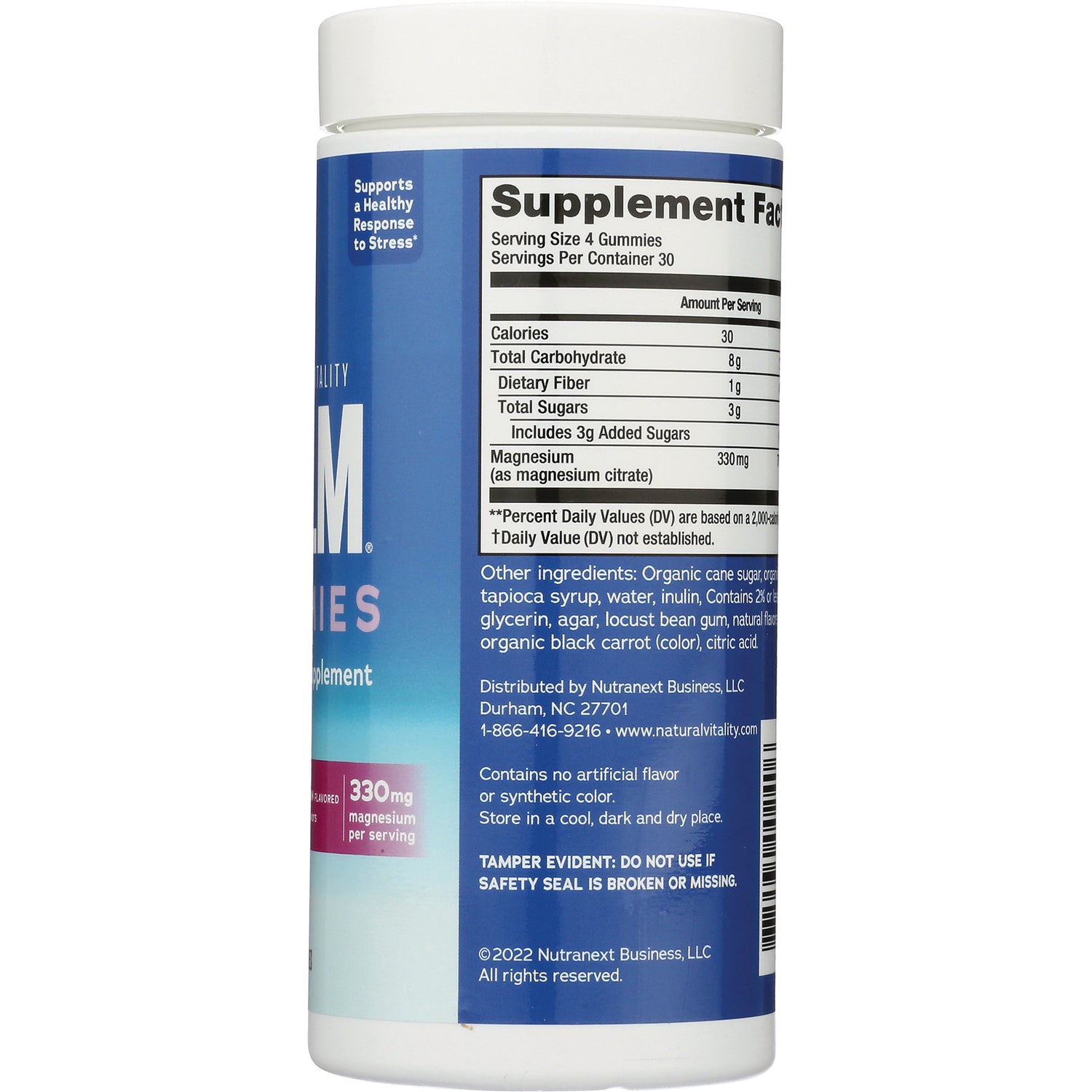 NVT041 | Back label of blue supplement bottle showing Supplement Facts panel, ingredients, and 330 mg magnesium per serving