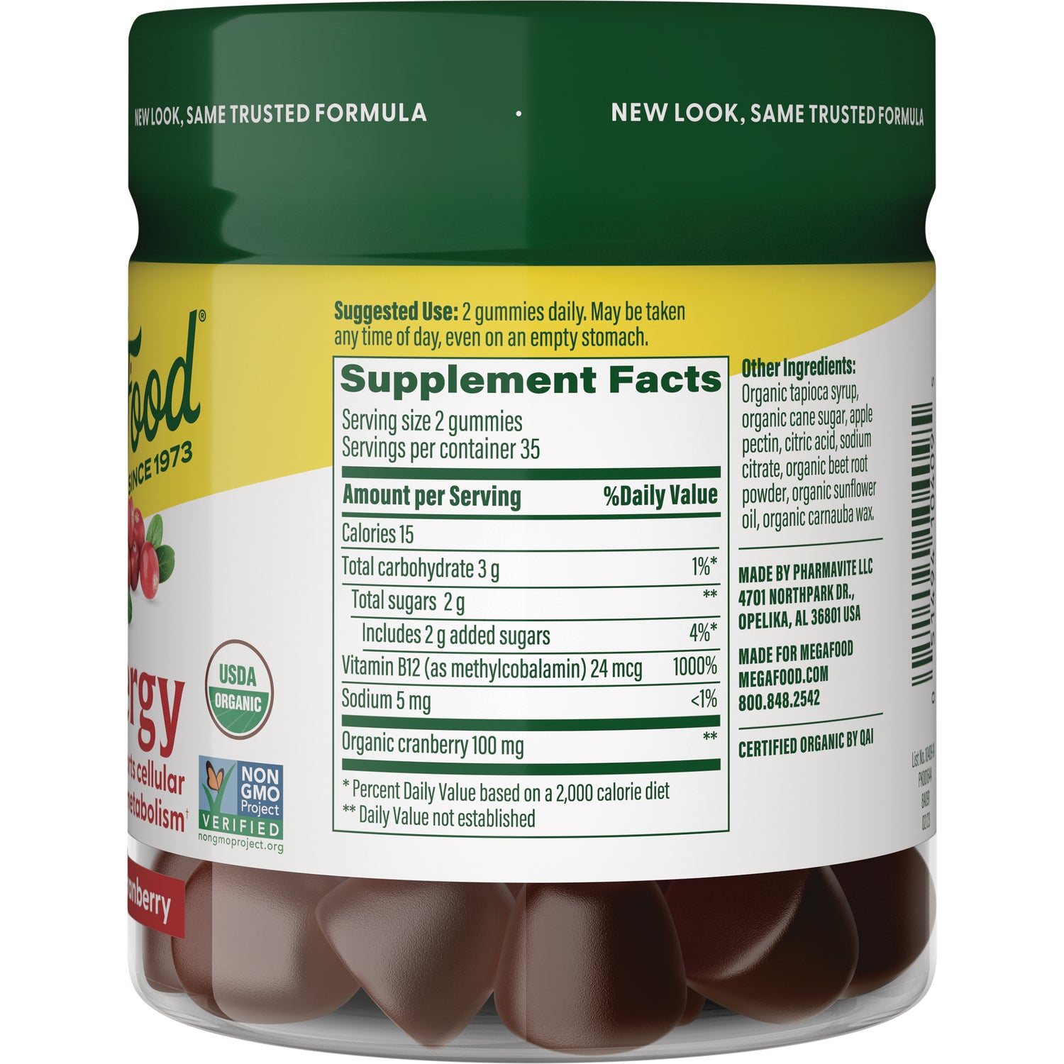 MGF104 | Back of supplement bottle showing Supplement Facts panel, other ingredients list and brown gummies visible