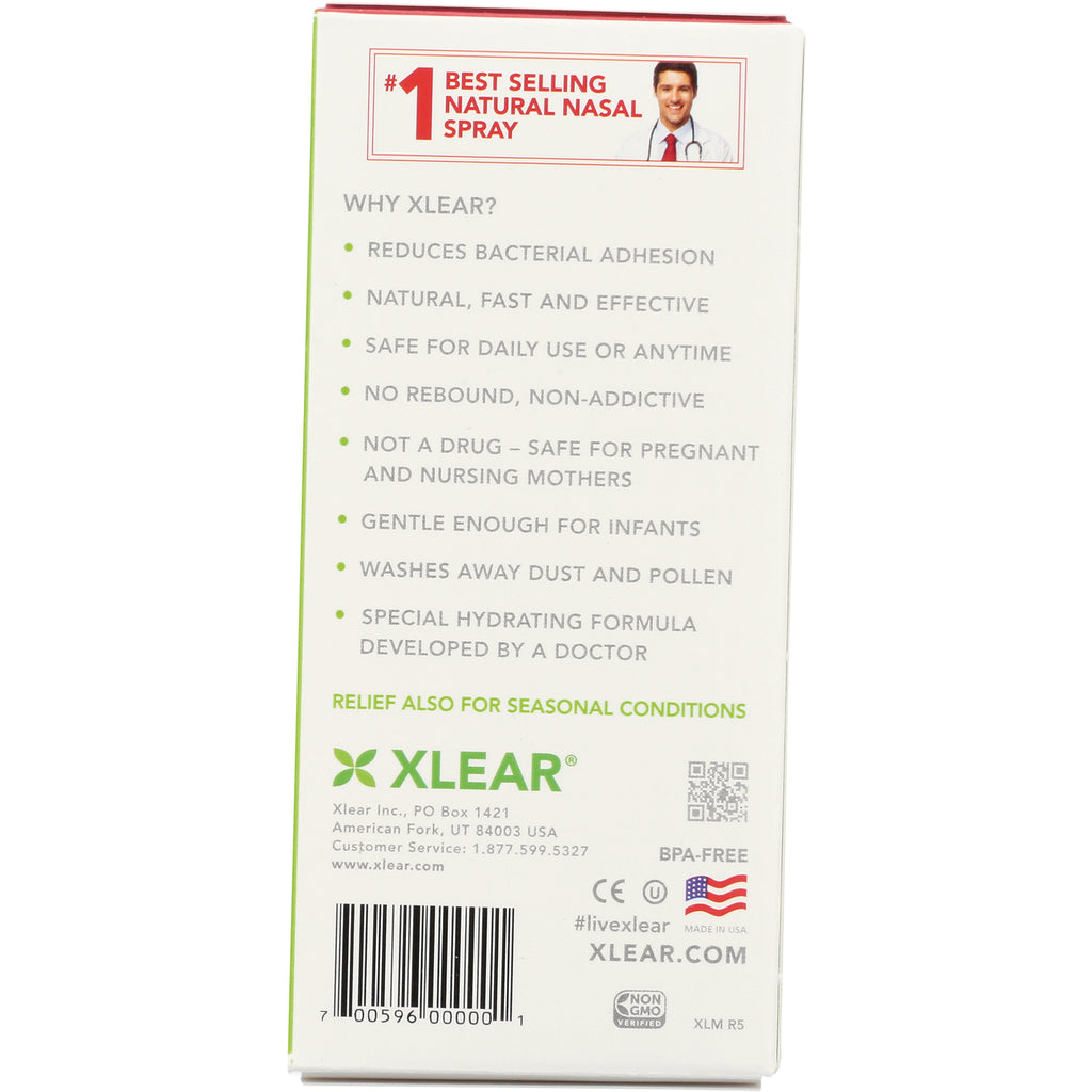 XL001 | Xlear nasal spray box panel with 'Why XLEAR?' benefits list and '#1 Best Selling Natural Nasal Spray' badge - Thumbnail