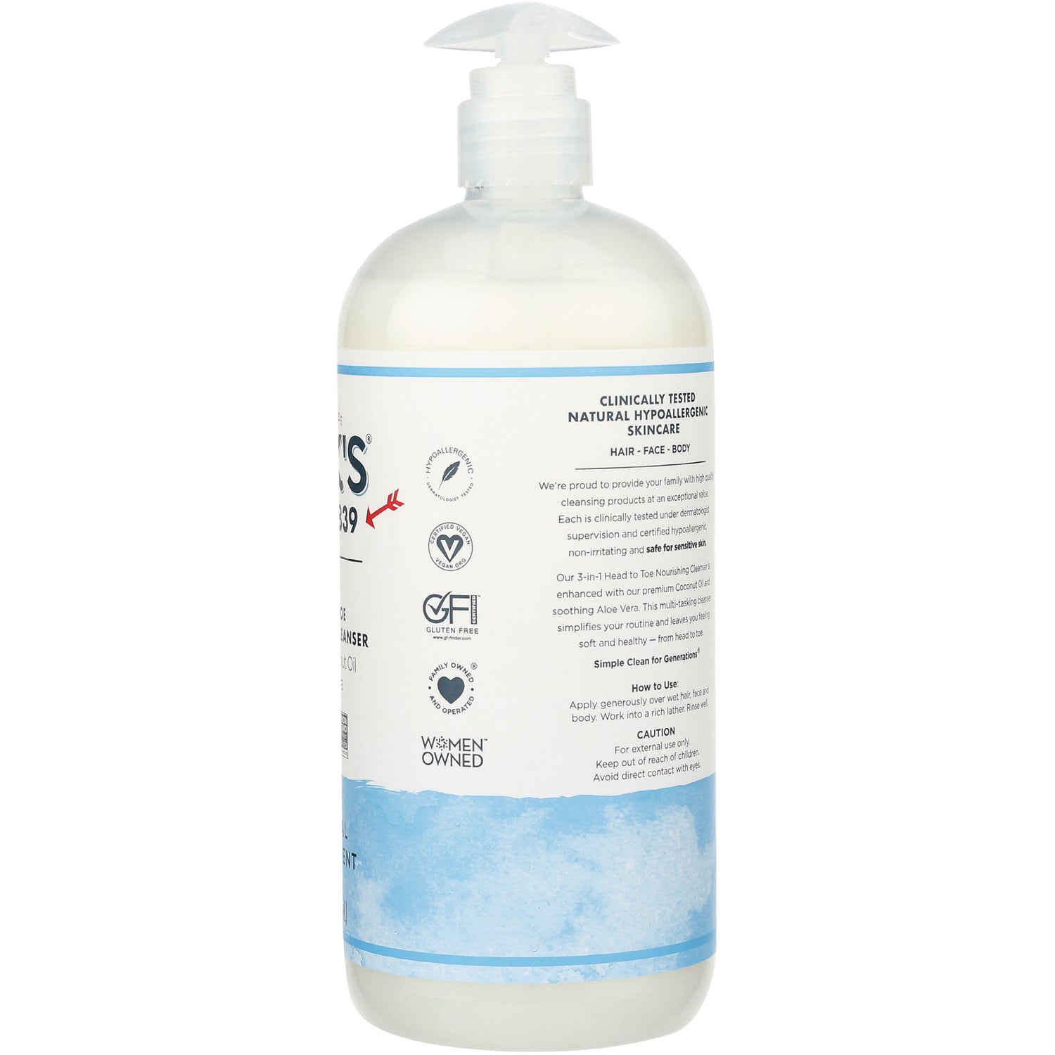 KIR017 | Back label of white pump bottle showing ingredients and directions with certification icons including gluten free and women owned