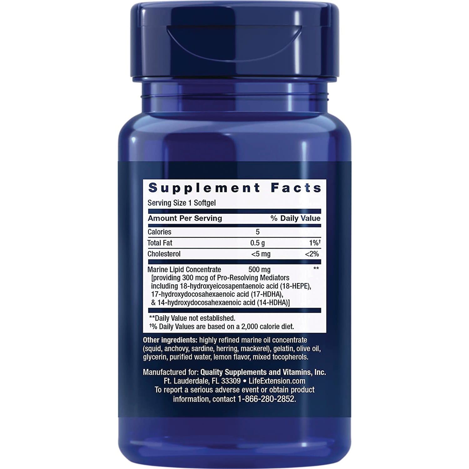 LE483 | Back of blue supplement bottle showing Supplement Facts label reading Serving Size 1 Softgel and ingredients