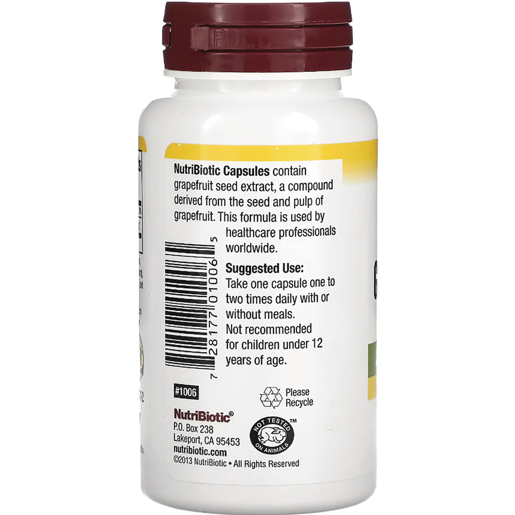 NUB014 | back label of white supplement bottle with burgundy cap showing NutriBiotic Capsules text, suggested use, barcode and recycle icon - Thumbnail
