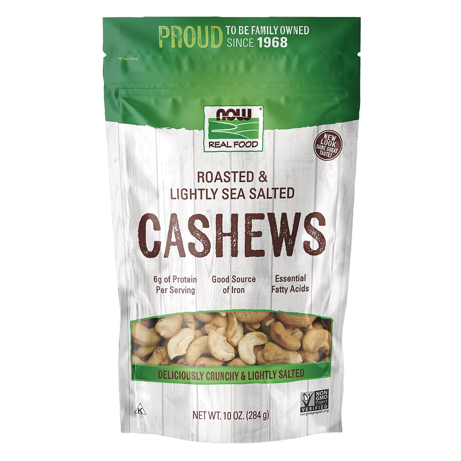 NWF1418 | Roasted and lightly sea salted cashews pouch with clear window showing nuts, 10 oz