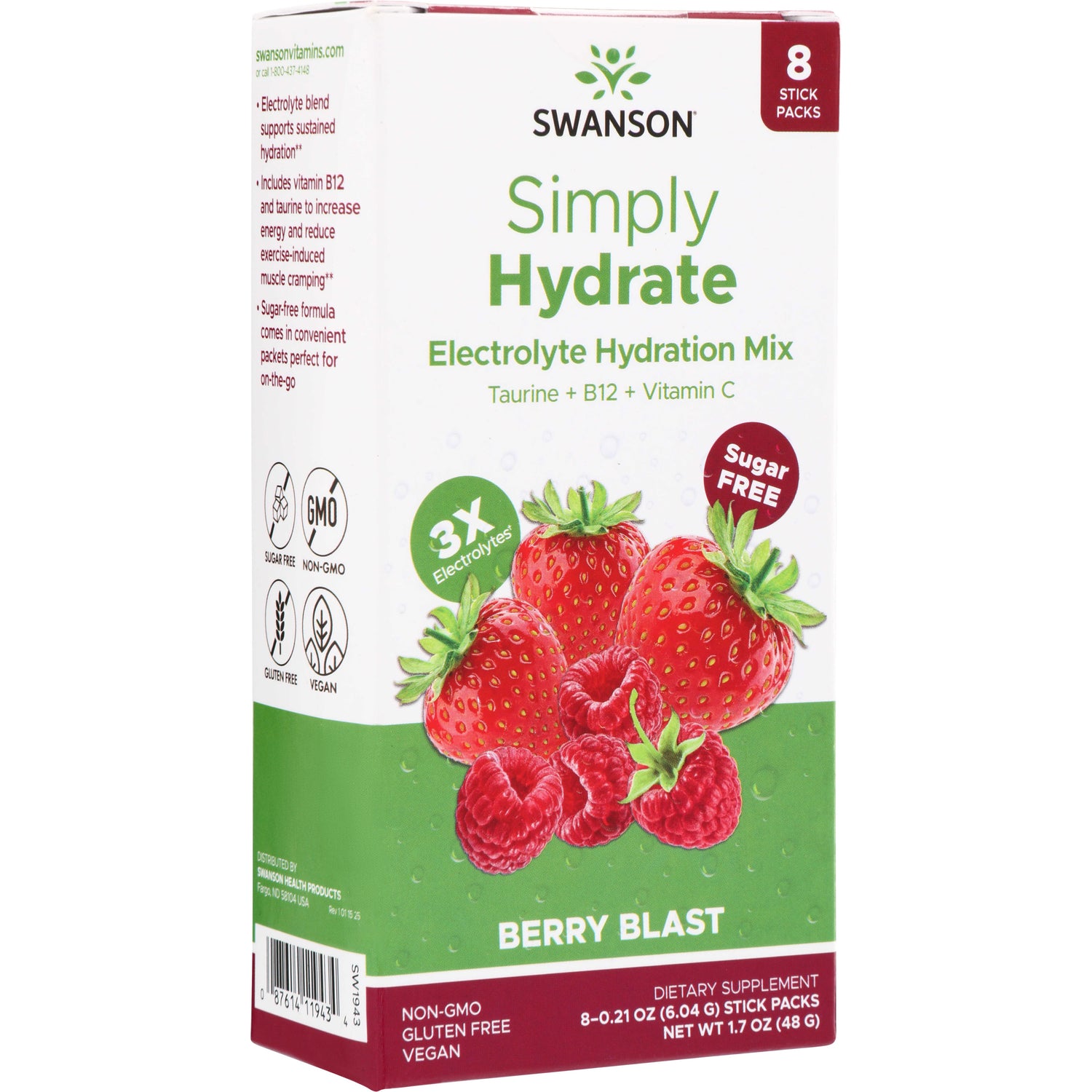 SW1943 | Swanson Simply Hydrate Electrolyte Hydration Mix Berry Blast, 8 stick packs, sugar free, 3X electrolytes