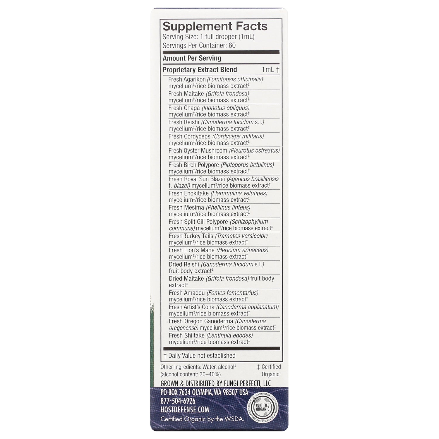 FUN001 | Back panel showing Supplement Facts with proprietary mushroom extract blend ingredients and serving size