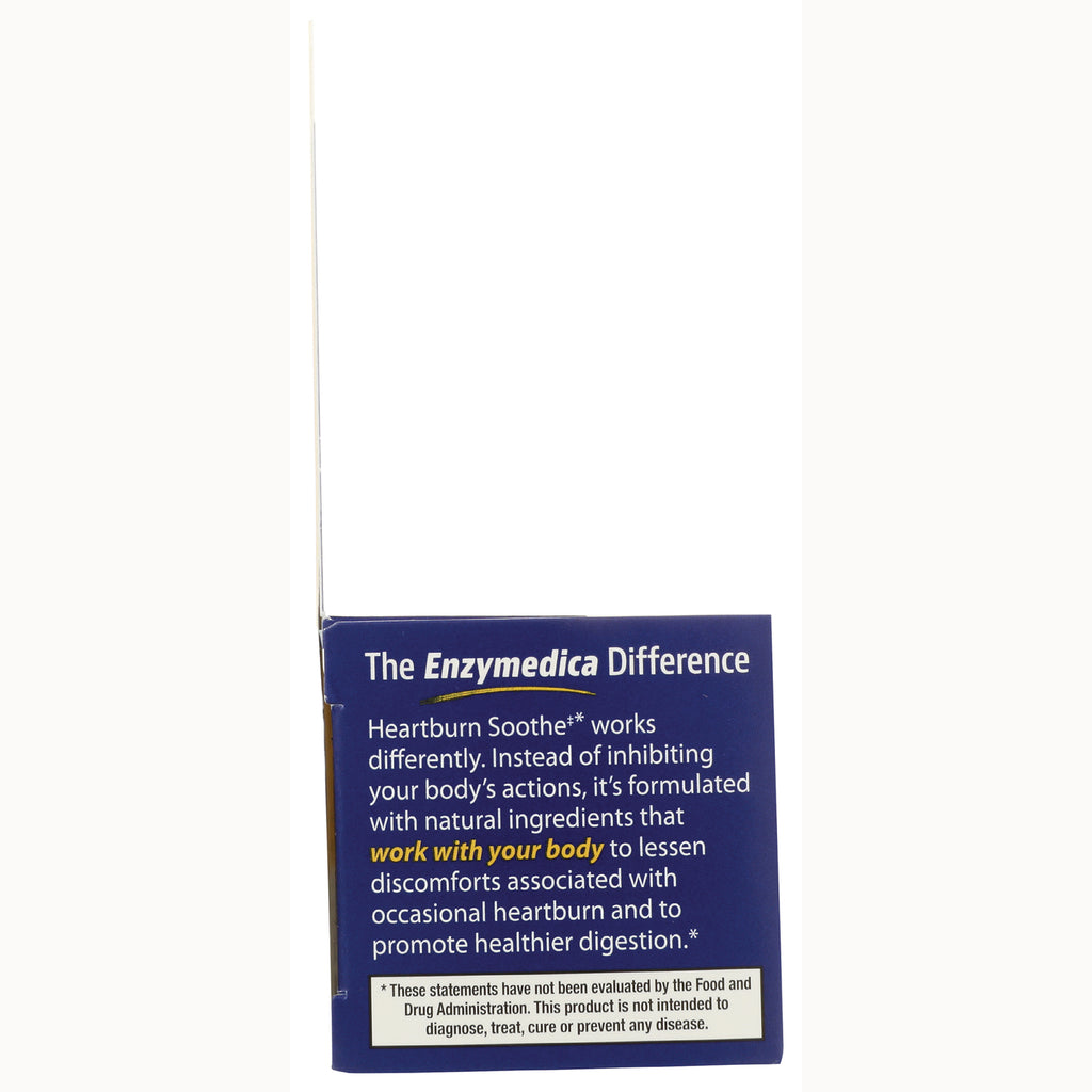 EMD064 | Back panel of blue Enzymedica box reading The Enzymedica Difference and text about Heartburn Soothe working with your body - Thumbnail