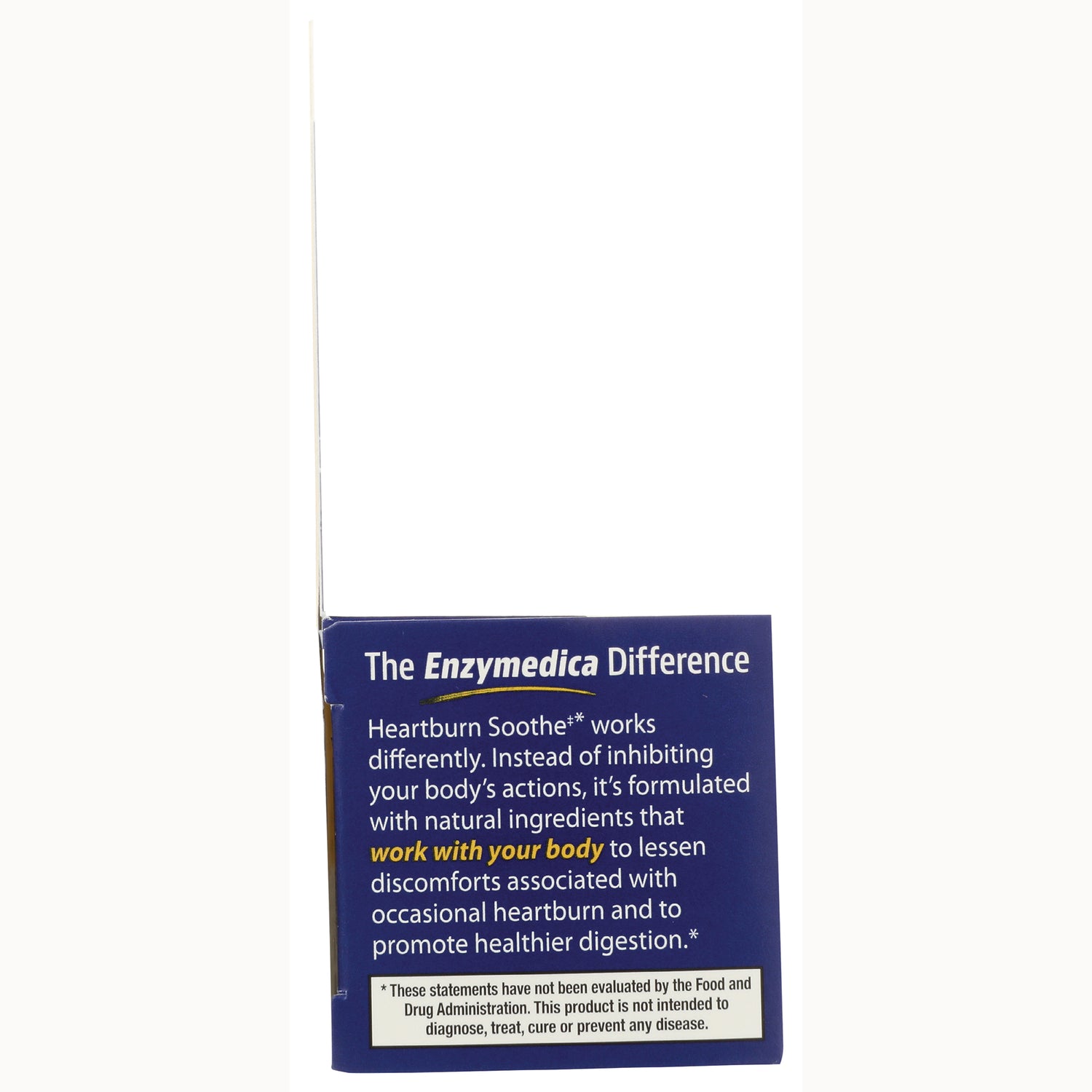 EMD064 | Back panel of blue Enzymedica box reading The Enzymedica Difference and text about Heartburn Soothe working with your body