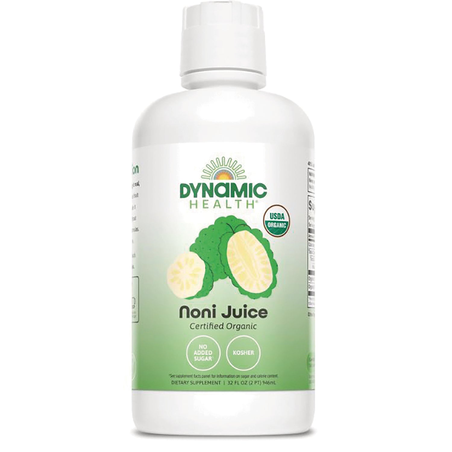 DYH045 | Dynamic Health Noni Juice certified organic white bottle front with USDA Organic seal and no added sugar