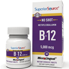 SUS008 | Superior Source MicroLingual B-12 Methylcobalamin 5,000 mcg, 60 instant dissolve tablets, bottle and box