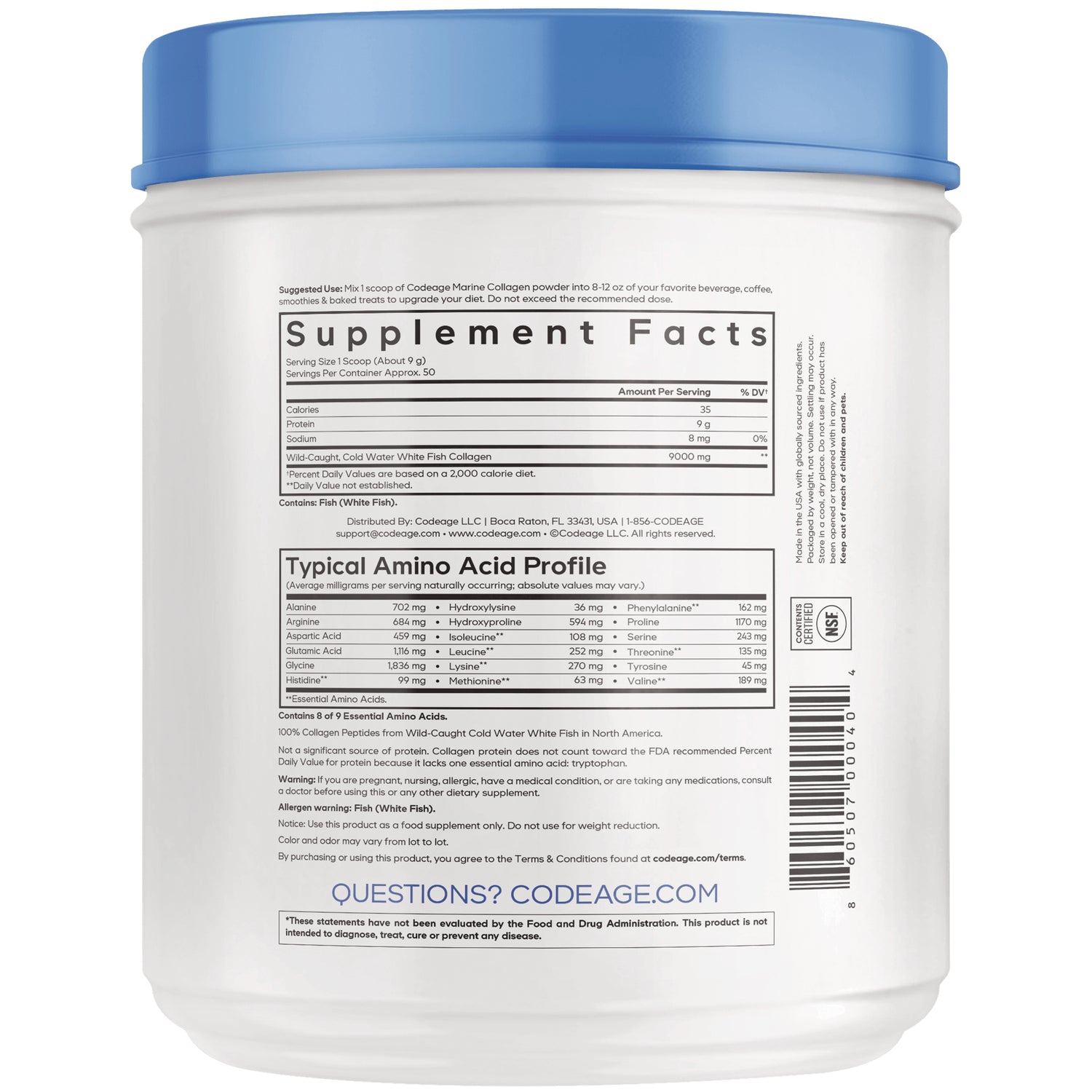 CDG071 | Back label showing Supplement Facts panel, Typical Amino Acid Profile panel, serving size and suggested use on a white jar
