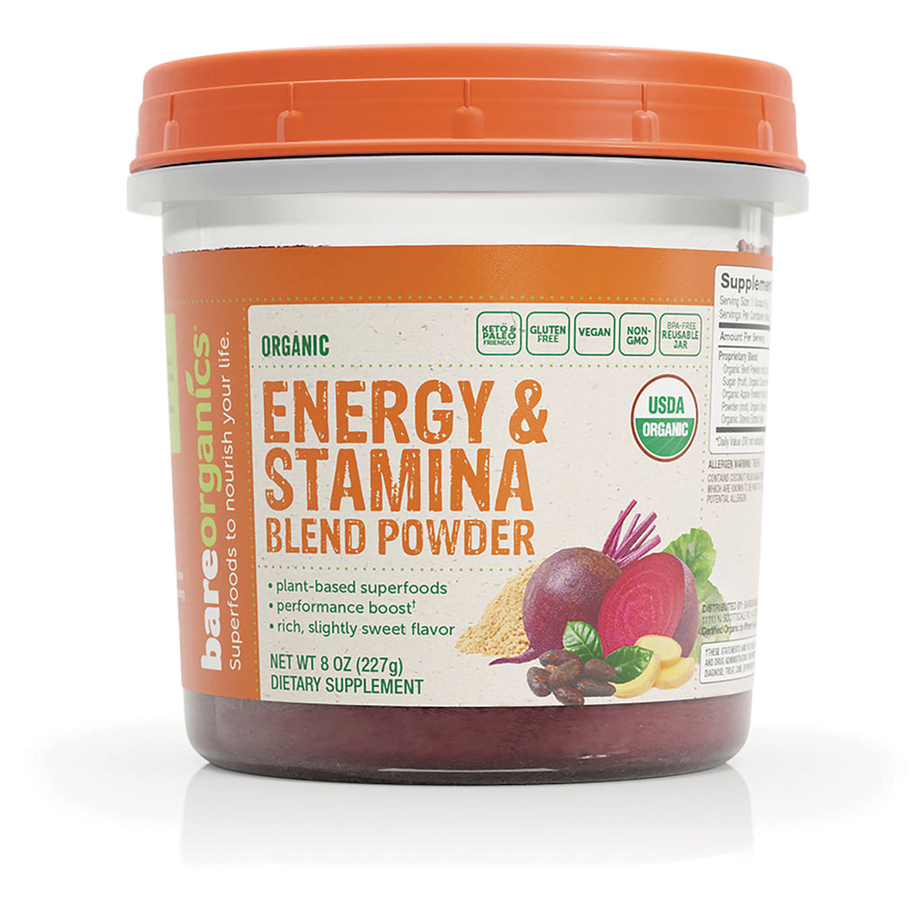BOR008 | Front view of Energy & Stamina Blend Powder 8 oz organic supplement jar with orange lid and beet illustration - Thumbnail