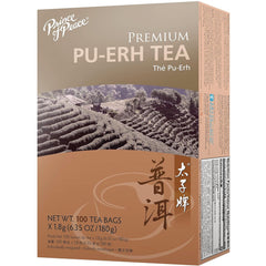 Prince of Peace Premium Pu-erh tea box showing terraced plantation artwork and NET WT. 100 TEA BAGS