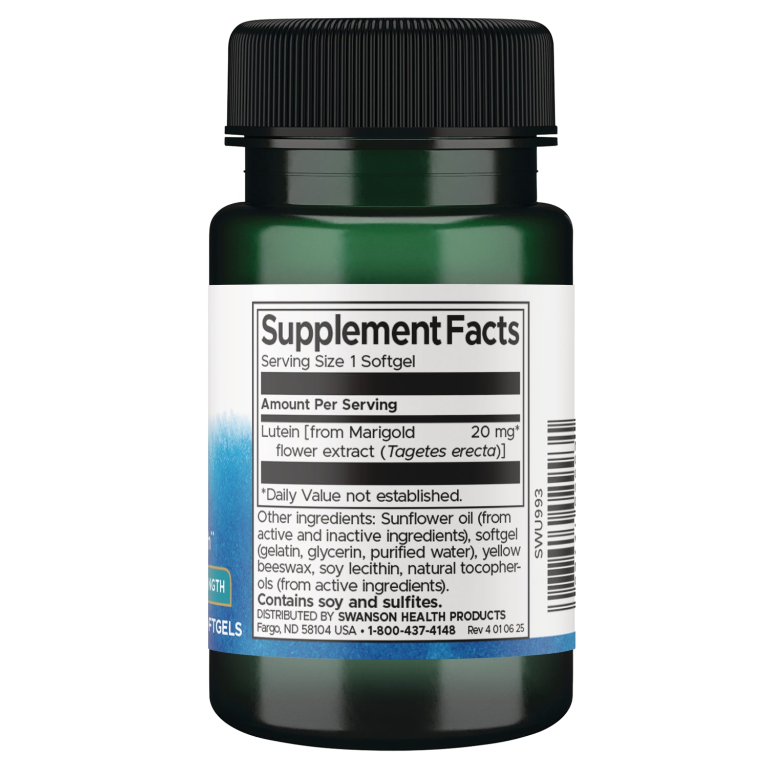 SWU993 | Back label with Supplement Facts for lutein 20 mg softgel and ingredients list