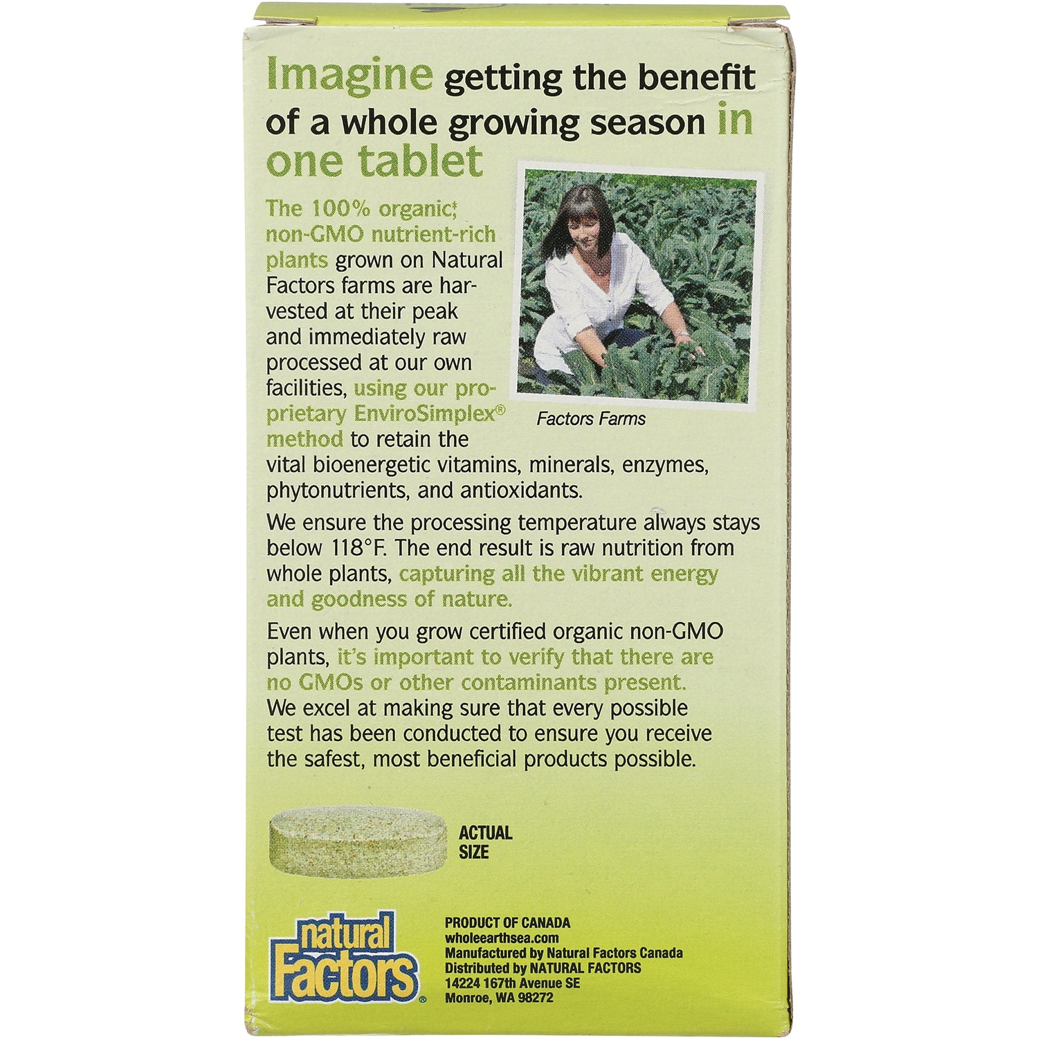 NFC177 | product infographic with text about organic whole-plant tablet, farm photo and actual-size tablet illustration