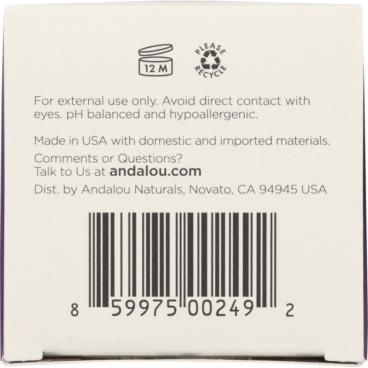 ADN032 | Back label with cautions, For external use only, andalou.com, and barcode