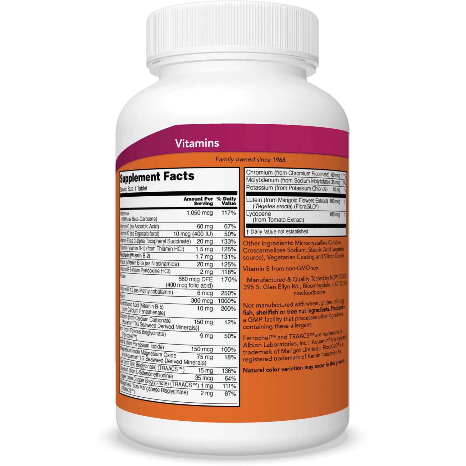 NWF669 | back of white vitamin bottle showing Supplement Facts label and ingredient panel