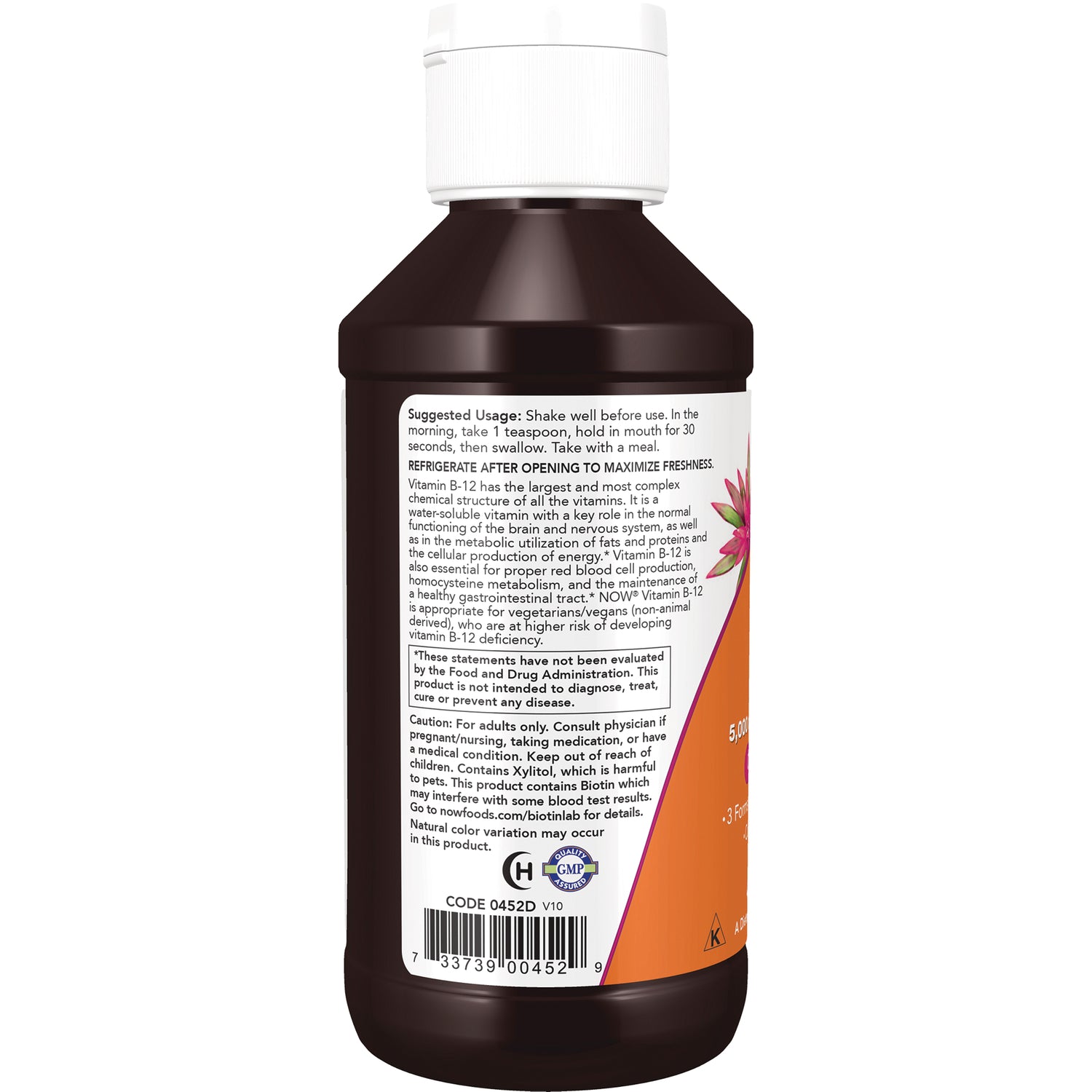 NWF380 | Back of brown supplement bottle showing usage directions, warnings, ingredient panel and barcode