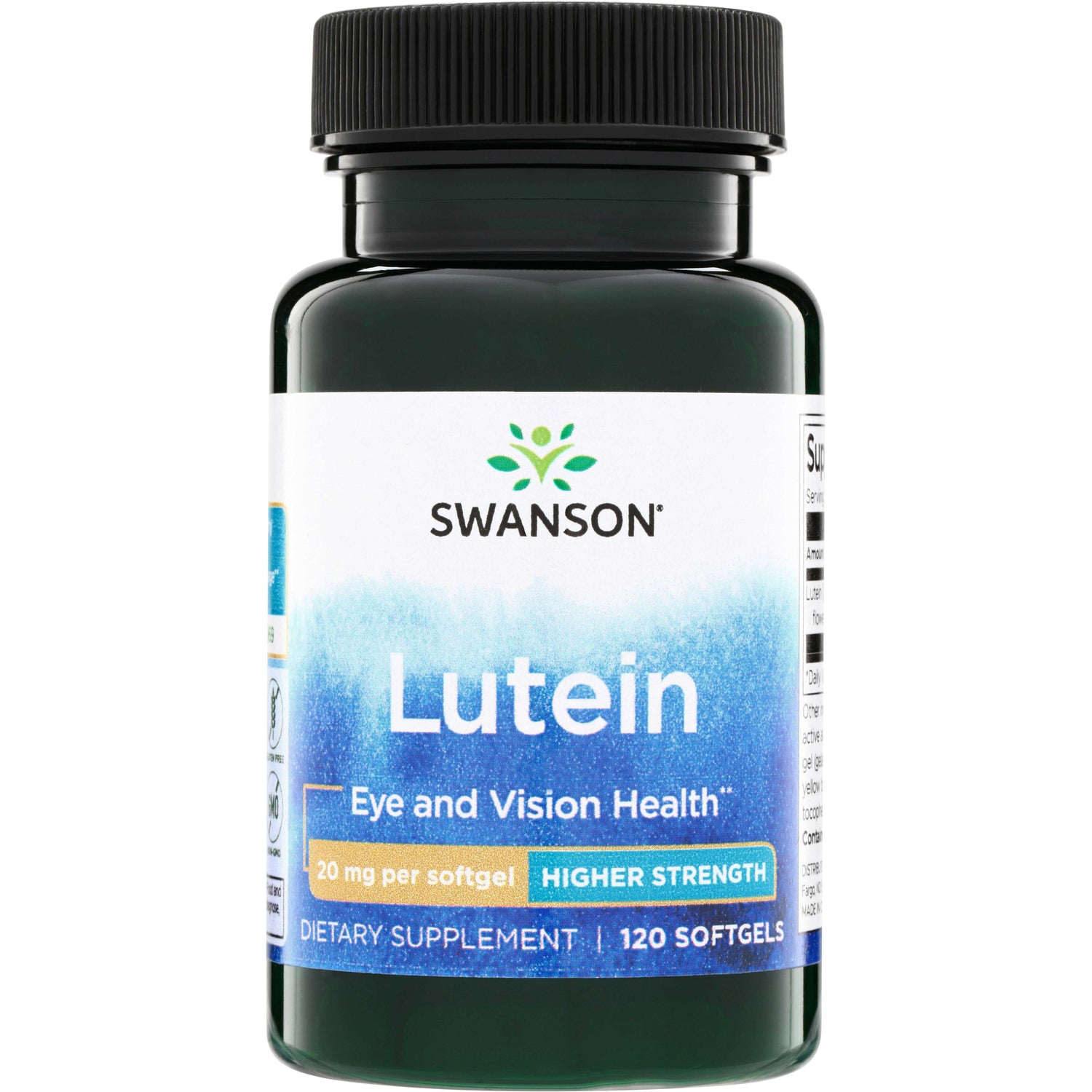 SWU994 | Swanson Lutein supplement bottle, 20 mg per softgel, Higher Strength, Eye and Vision Health, 120 softgels