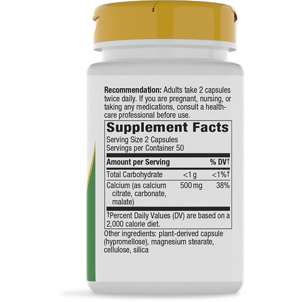 NW928 | back label showing Supplement Facts, serving size 2 capsules, calcium 500 mg and safety instructions - Thumbnail