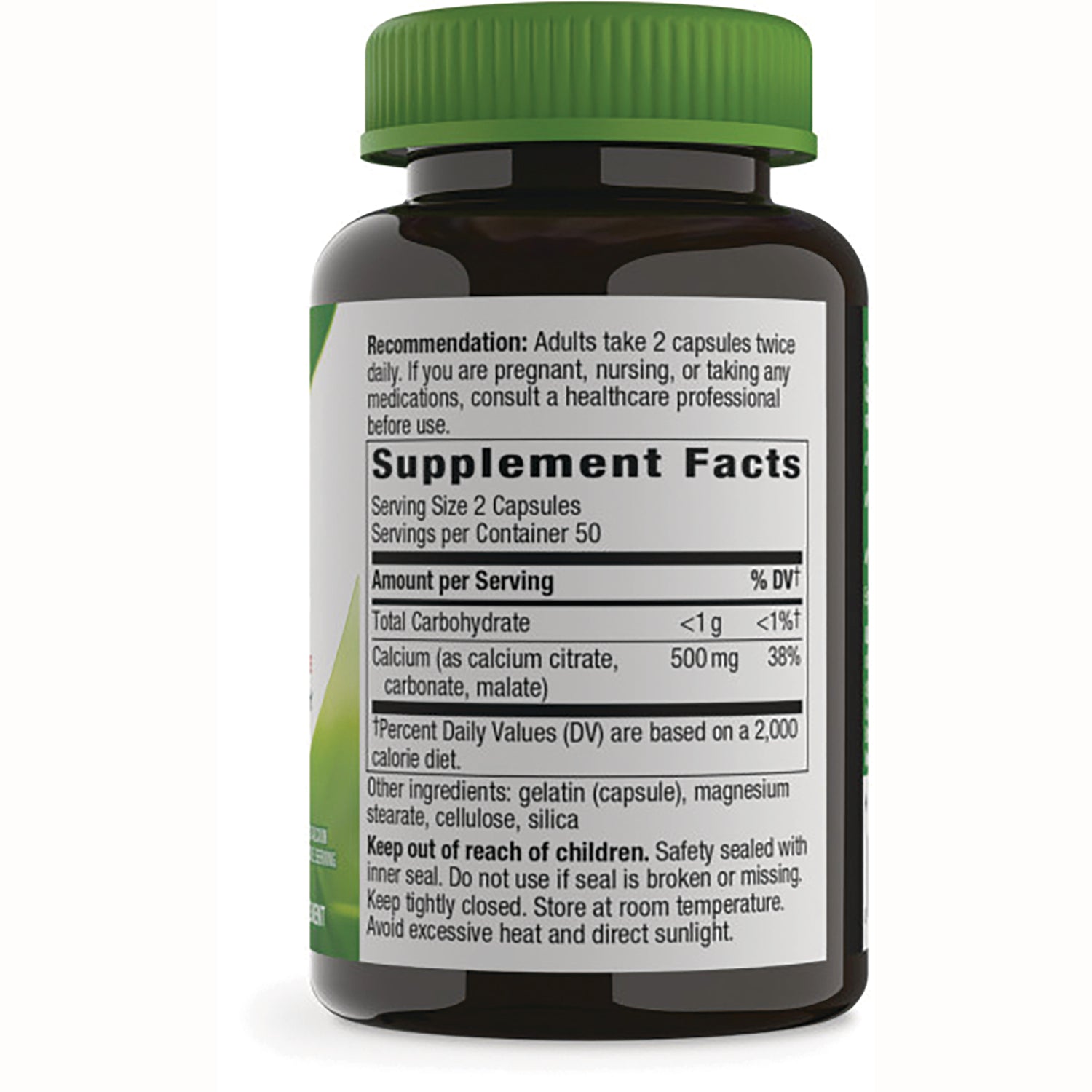 NW928 | back label showing Supplement Facts, serving size 2 capsules, calcium 500 mg and safety instructions