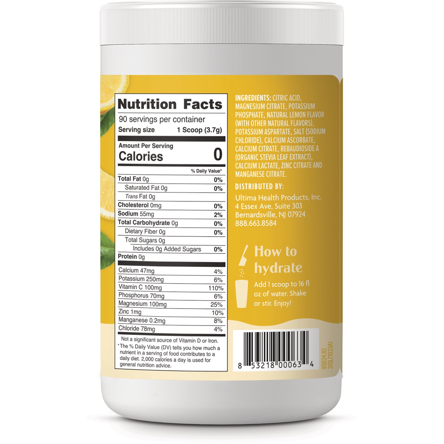 UHP021 | Back label with Nutrition Facts, Ingredients, and How to hydrate instructions for electrolyte powder