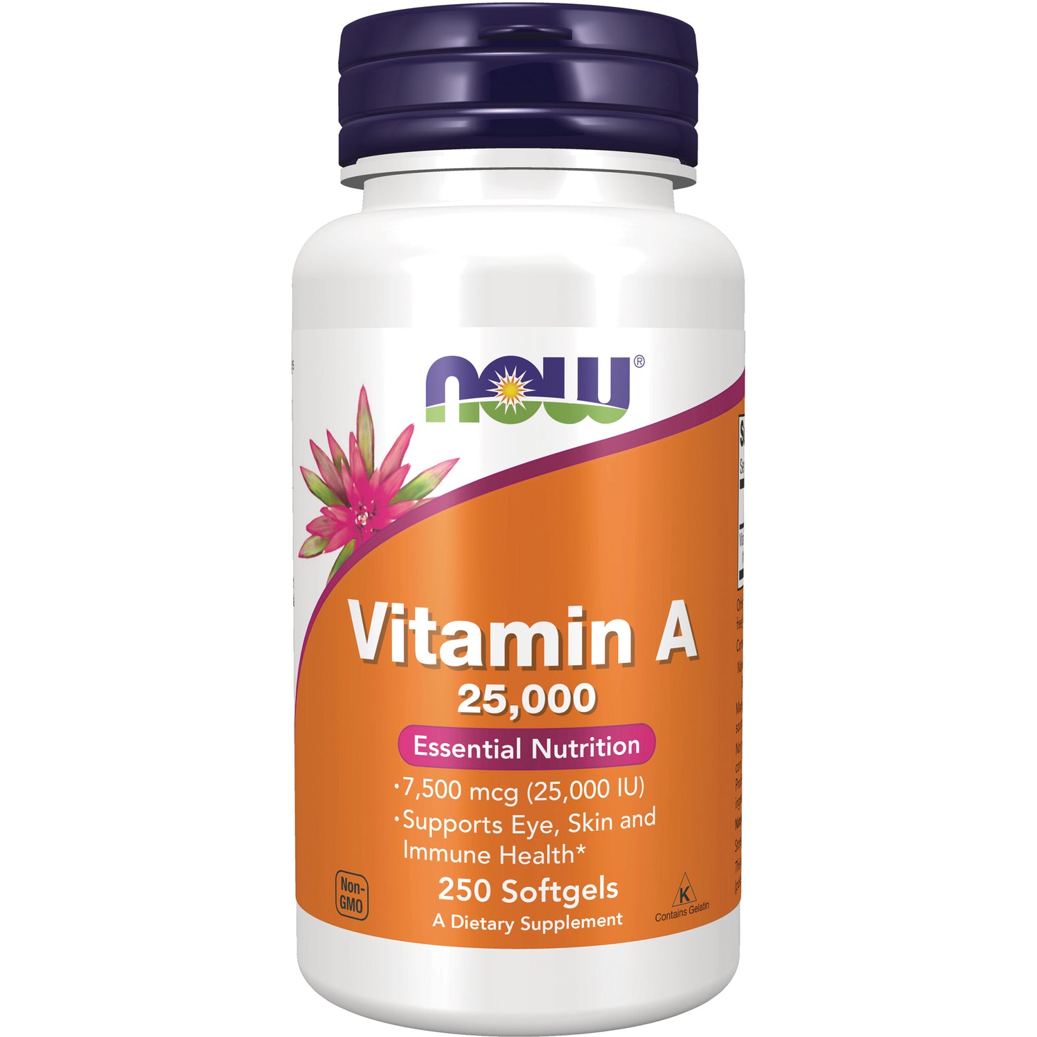 NWF364 | NOW Vitamin A 25,000 bottle with orange label, 250 softgels