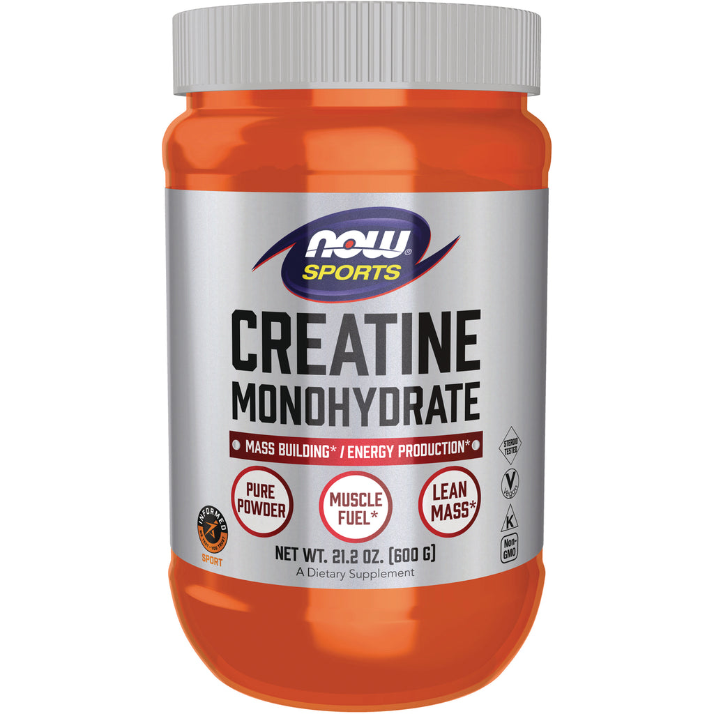 NWF875 | NOW Sports Creatine Monohydrate orange powder jar front label, 21.2 oz dietary supplement - Thumbnail