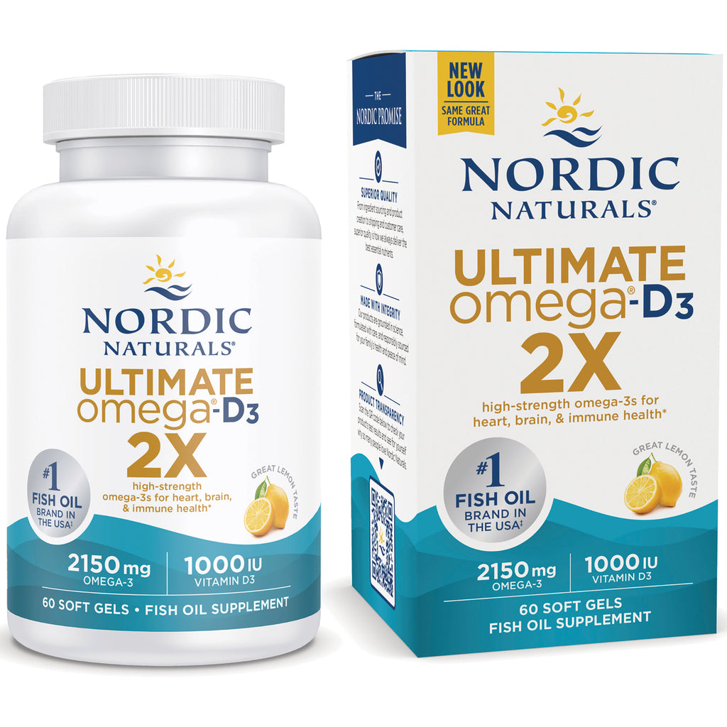 NRN085 | Nordic Naturals Ultimate Omega-D3 2X bottle and box, lemon flavor, 2150 mg omega-3 and 1000 IU vitamin D3, 60 soft gels - Thumbnail
