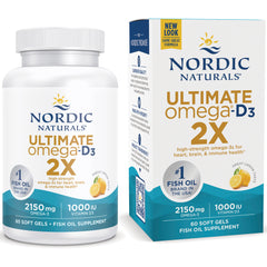 NRN085 | Nordic Naturals Ultimate Omega-D3 2X bottle and box, lemon flavor, 2150 mg omega-3 and 1000 IU vitamin D3, 60 soft gels