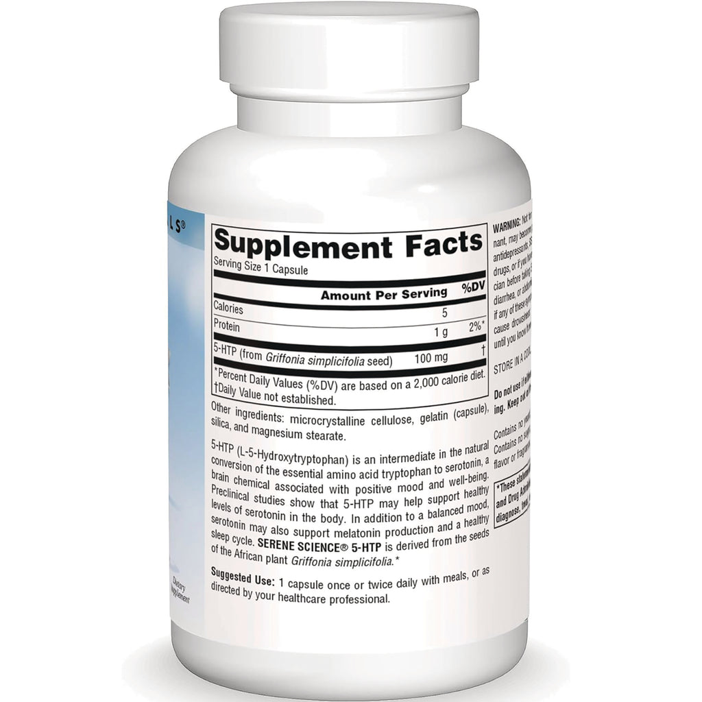 SN374 | Back label with Supplement Facts for 5-HTP 100 mg, serving size 1 capsule - Thumbnail
