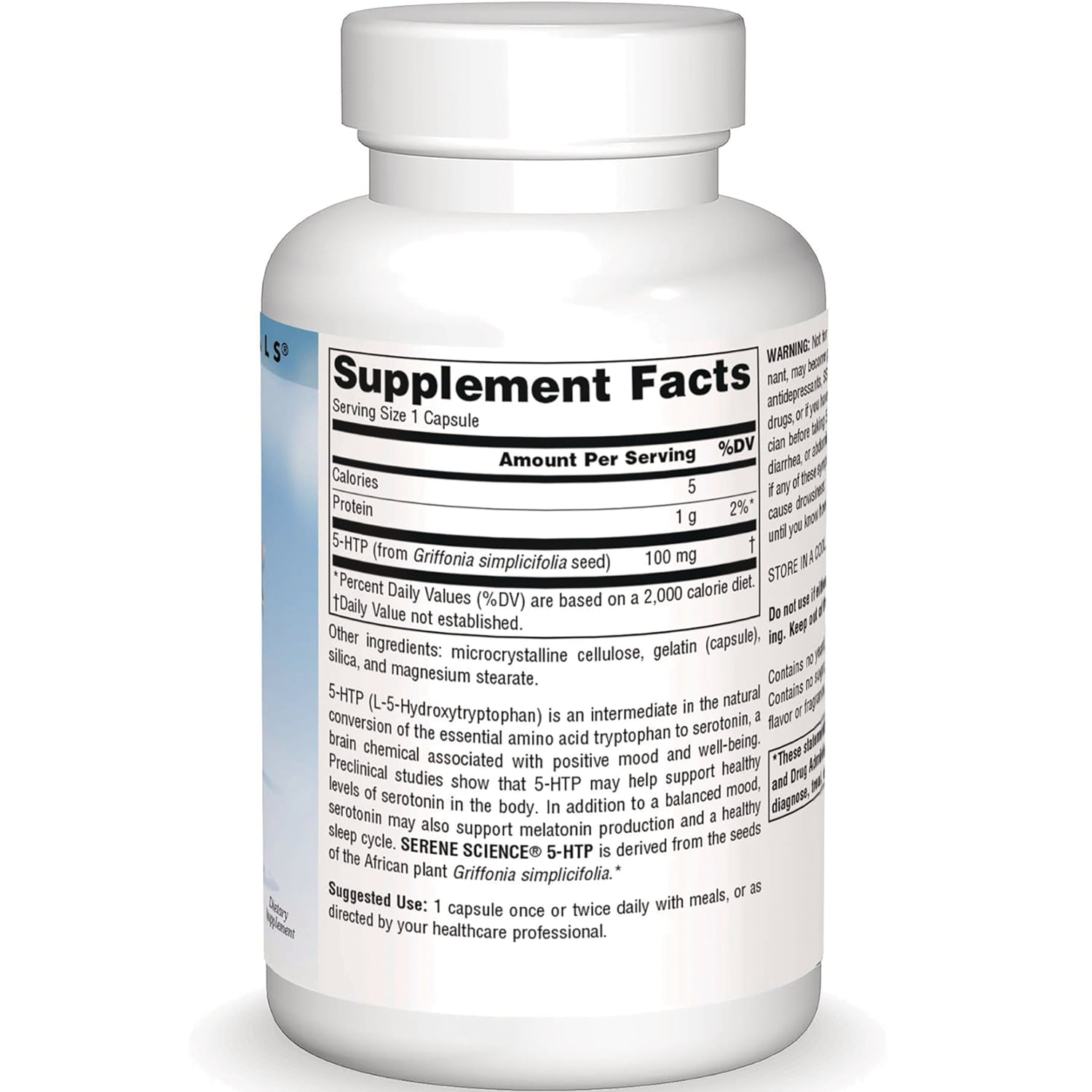 SN374 | Back label with Supplement Facts for 5-HTP 100 mg, serving size 1 capsule