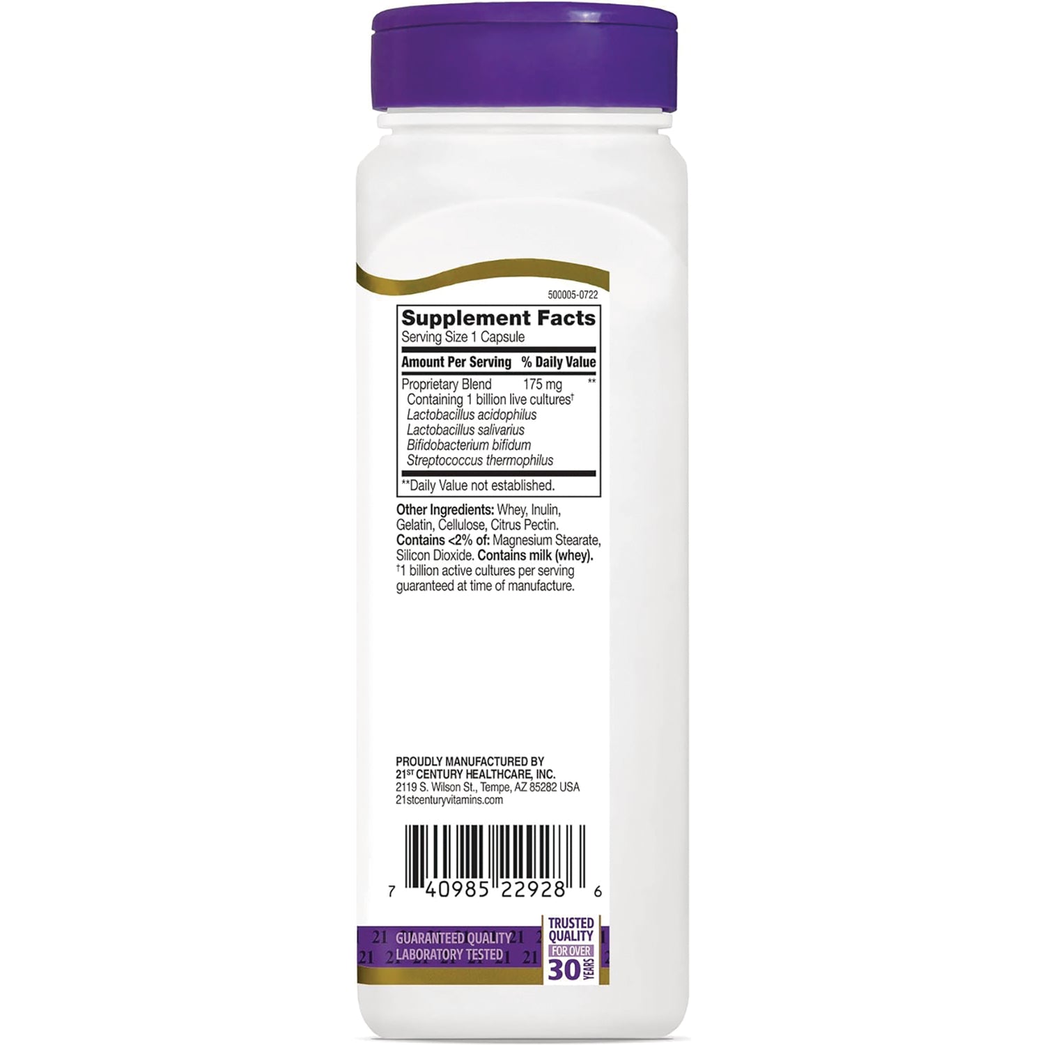 CNT007 | Back label showing Supplement Facts panel, ingredients and barcode on white supplement bottle