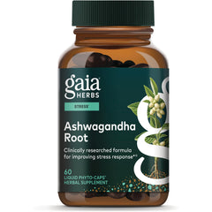 GH054 | Gaia Herbs Ashwagandha Root supplement box front, stress support, 60 vegan liquid phyto-caps