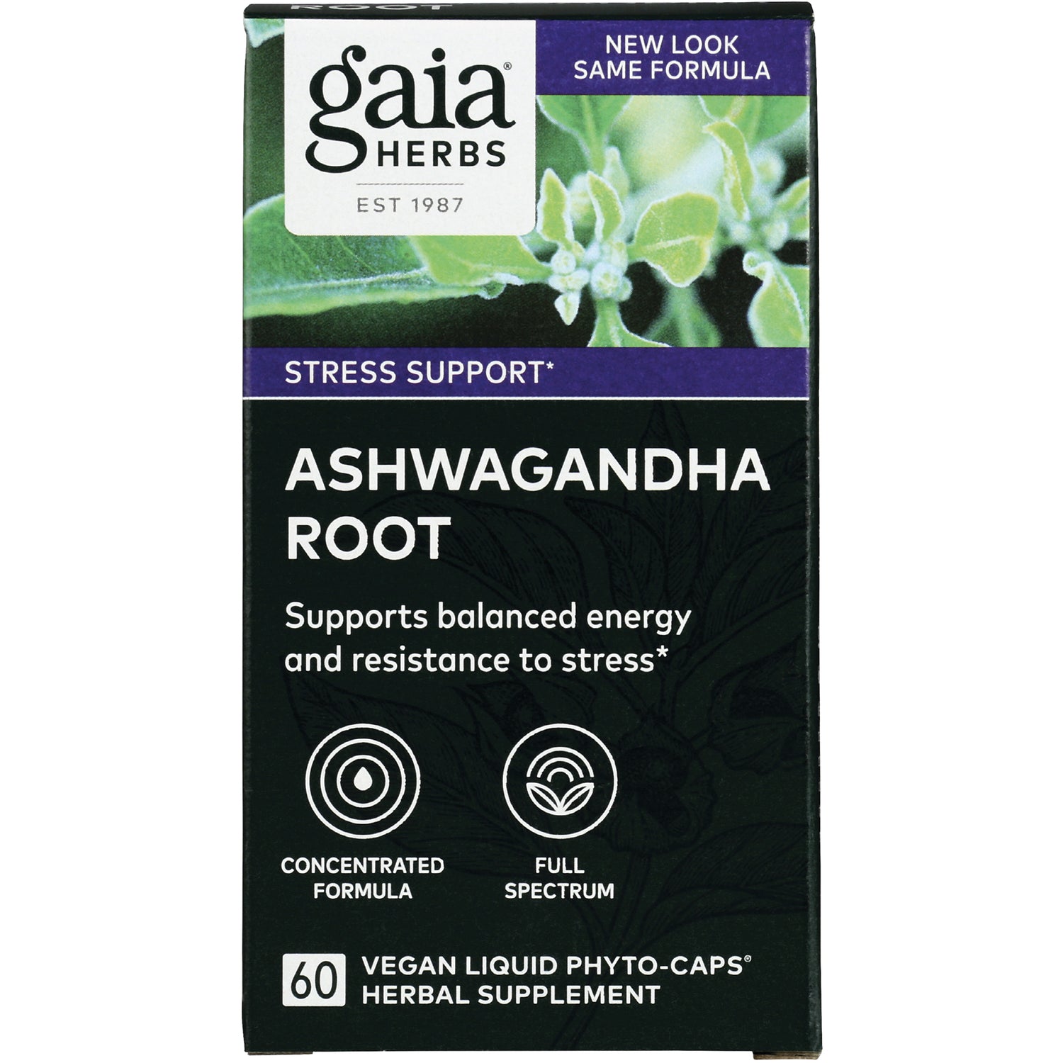GH054 | Gaia Herbs Ashwagandha Root supplement box front, stress support, 60 vegan liquid phyto-caps