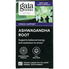 GH054 | Gaia Herbs Ashwagandha Root supplement box front, stress support, 60 vegan liquid phyto-caps