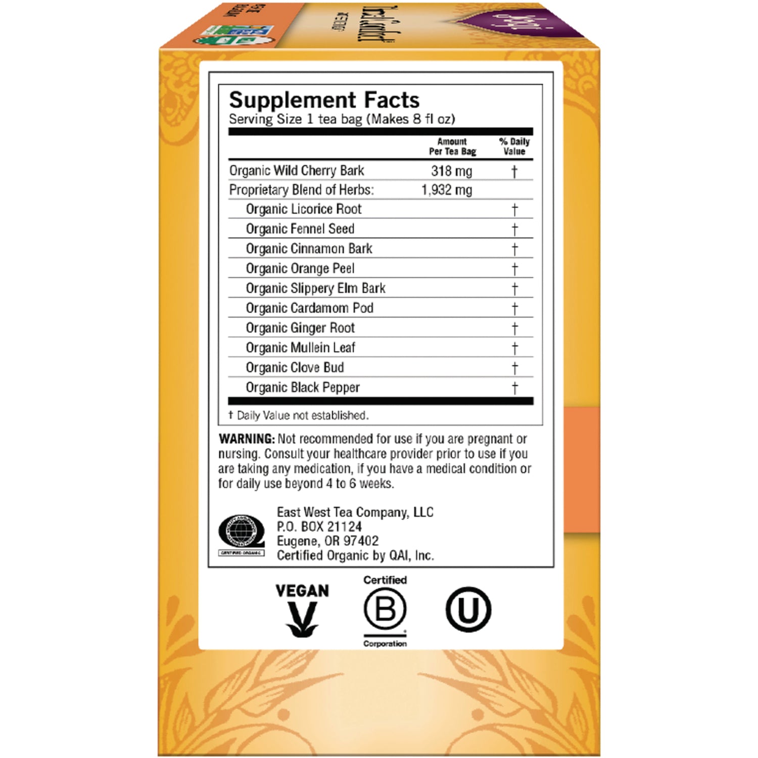 AHW033 | Back panel showing Supplement Facts, serving size 1 tea bag, organic herb ingredients list and warning text