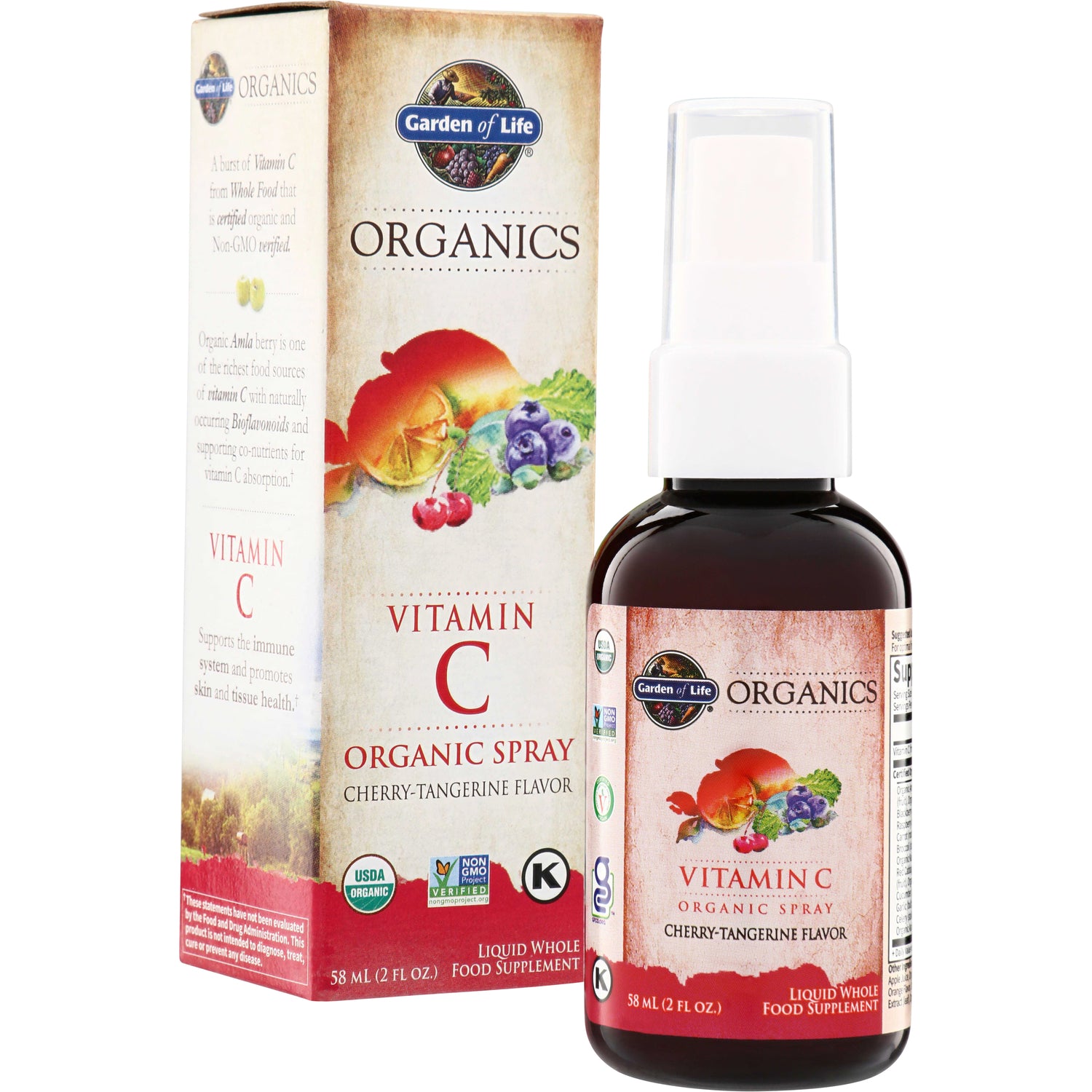 GLF393 | Garden of Life Organics Vitamin C Organic Spray, Cherry-Tangerine Flavor, 58 mL box and bottle
