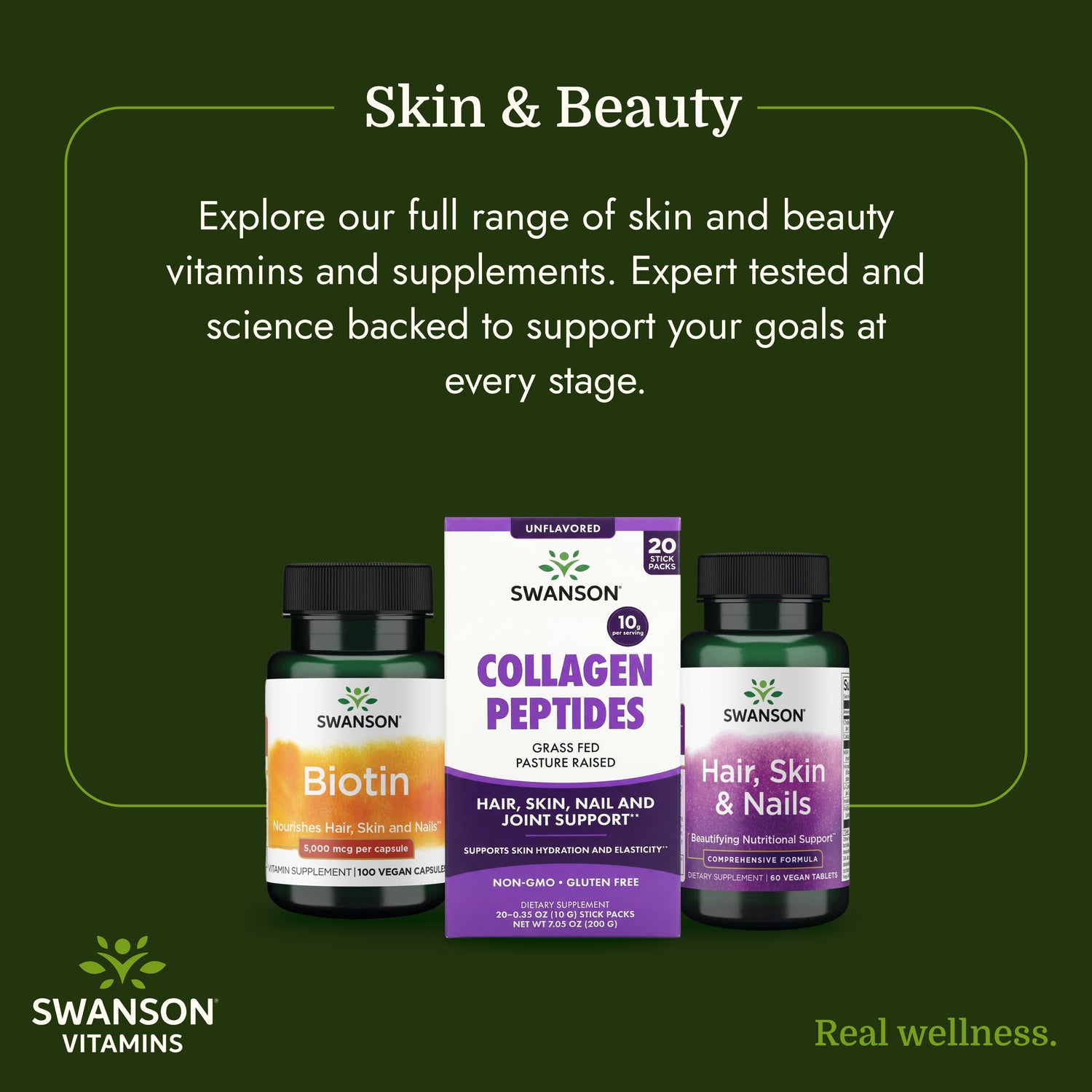 SW1968 | Swanson skin and beauty supplements with biotin, collagen peptides, and hair, skin & nails products