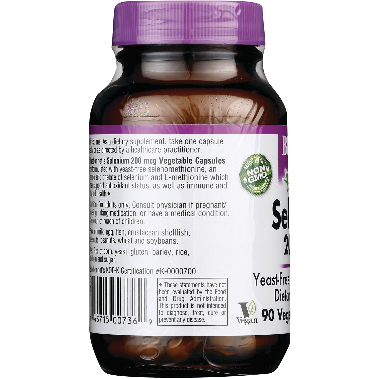 BLU113 | Back label of brown supplement bottle showing ingredient list, barcode, non-GMO and vegan icons